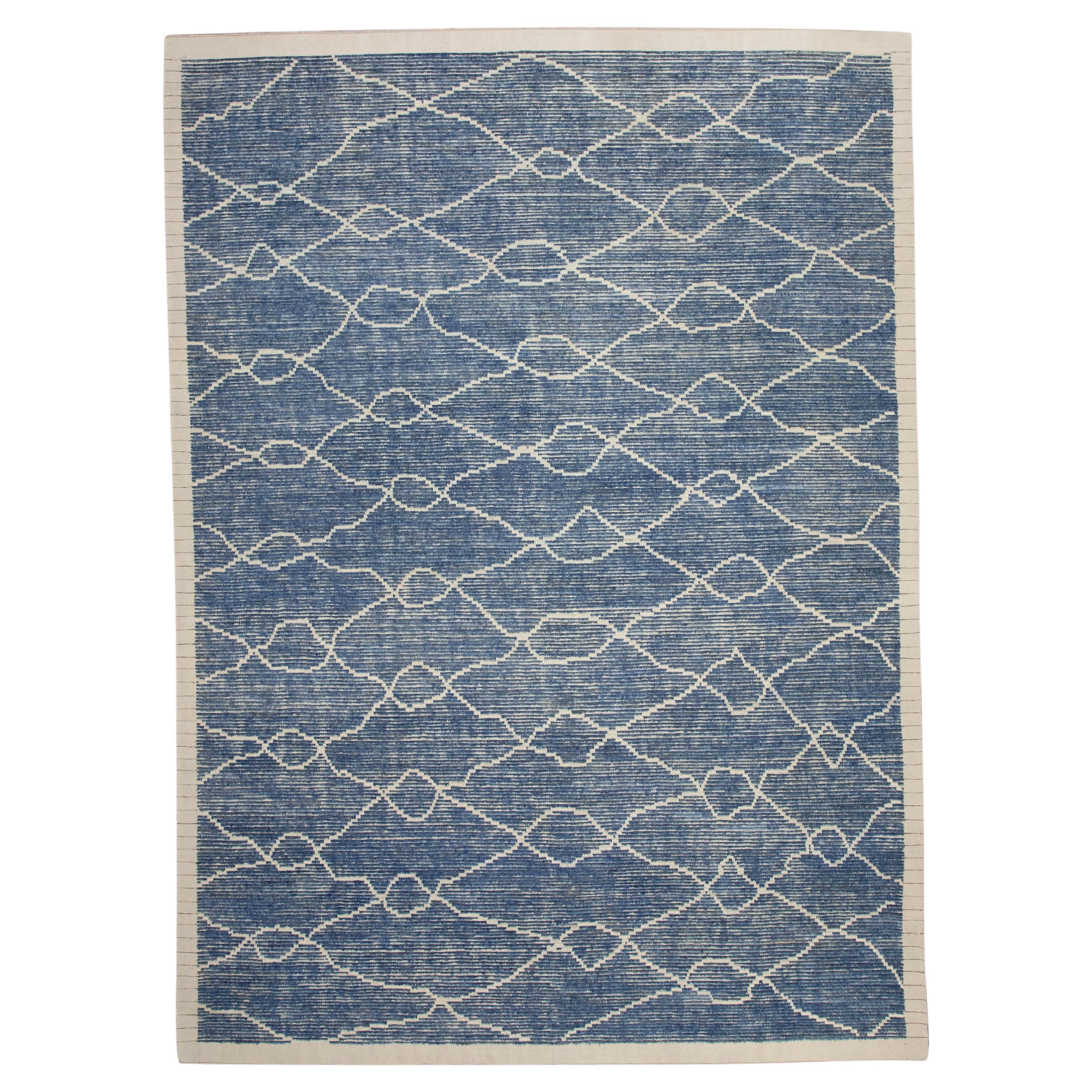 21st Century Modern Moroccan Style Wool Rug in Blue Design 9'5" X 12'3" For Sale