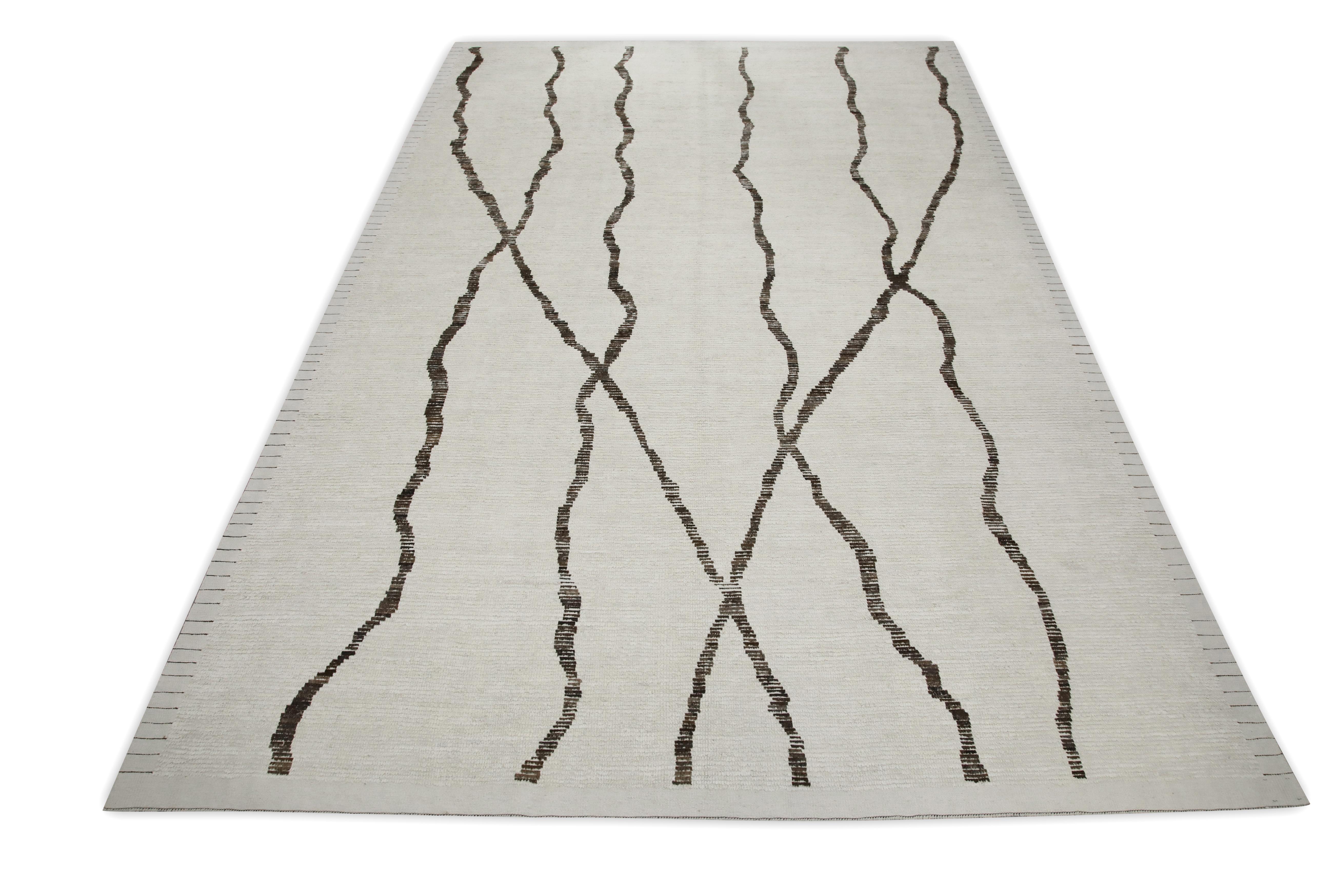 Contemporary 21st Century Modern Moroccan Style Wool Rug in Brown & Beige 9'6