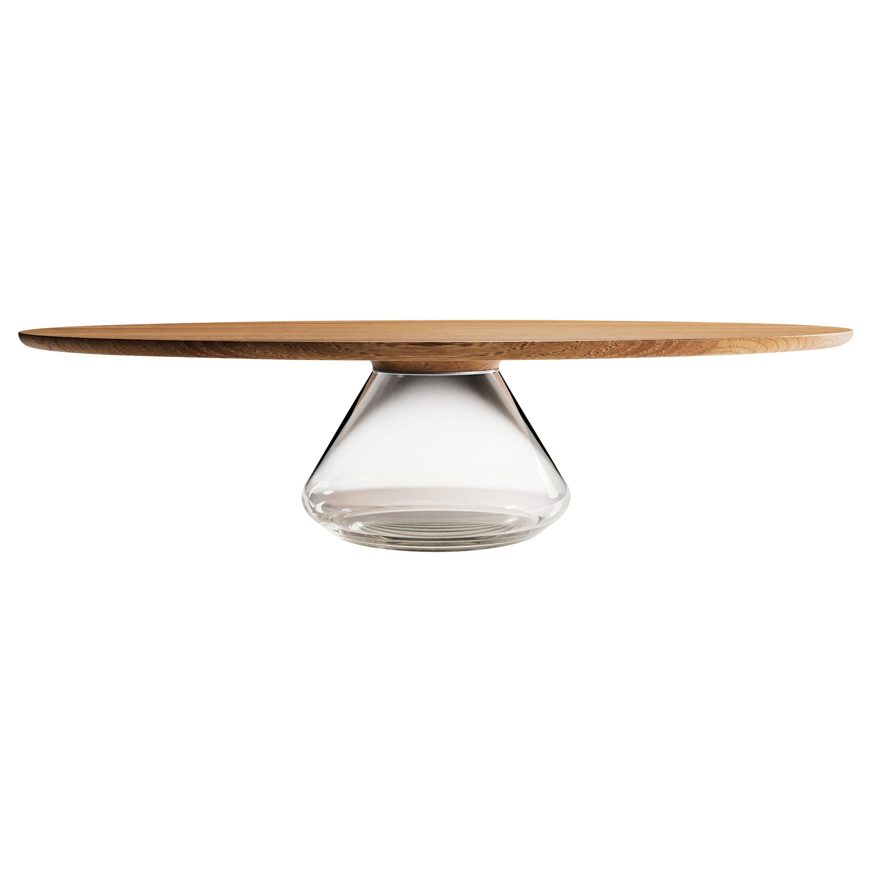 "Clear Eclipse" Coffee Table ft. Hand-Blown Glass Base and Oiled Oak Top For Sale