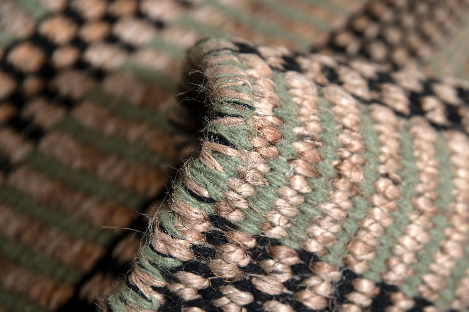 Modern Handwoven Paddle Dhurrie Jute Carpet Rug Green Black & Natural Brown For Sale 4