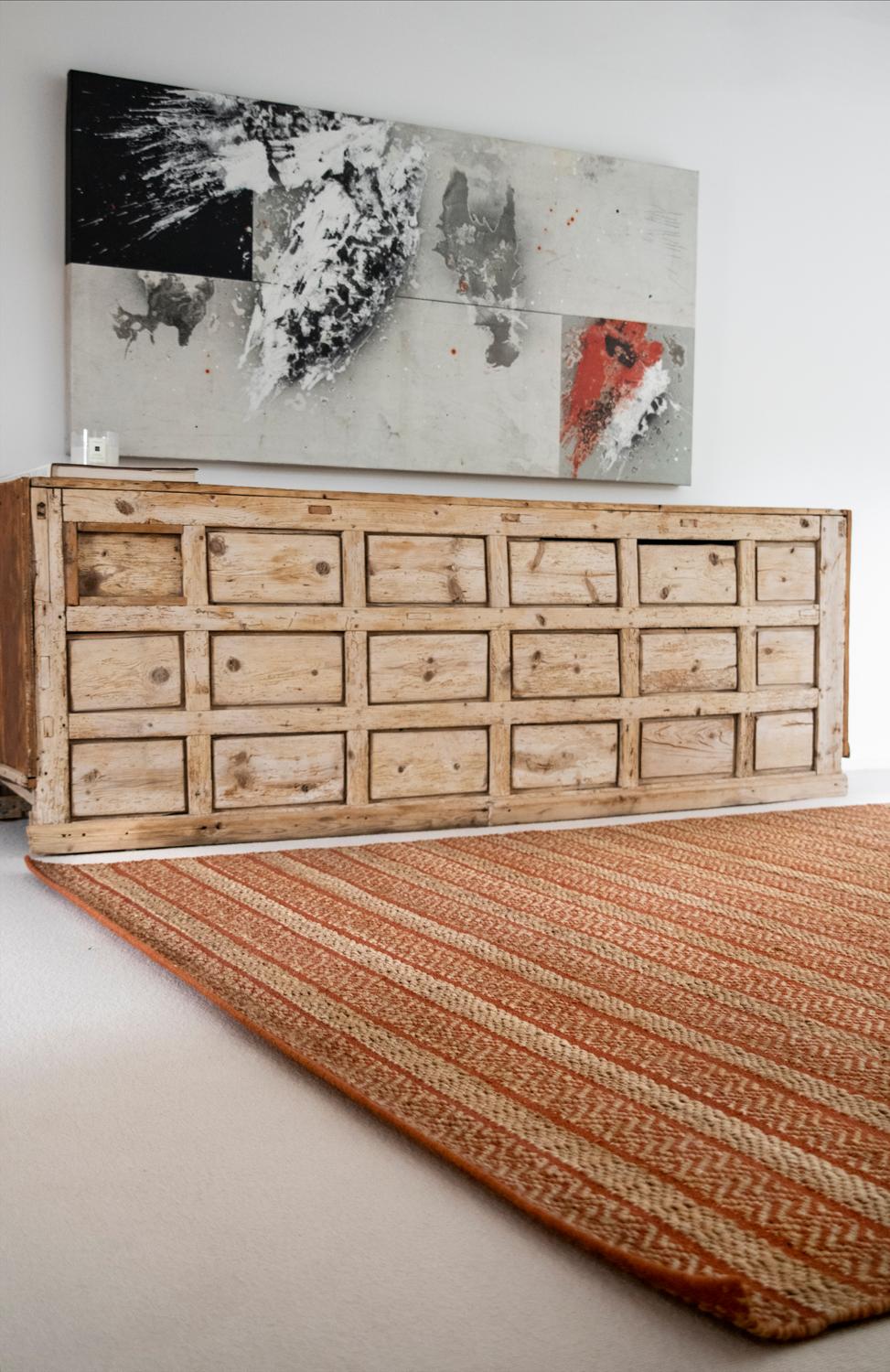 Hand-Woven Modern Handwoven Paddle Dhurrie Jute Carpet Rug Orange & Natural Geometric For Sale