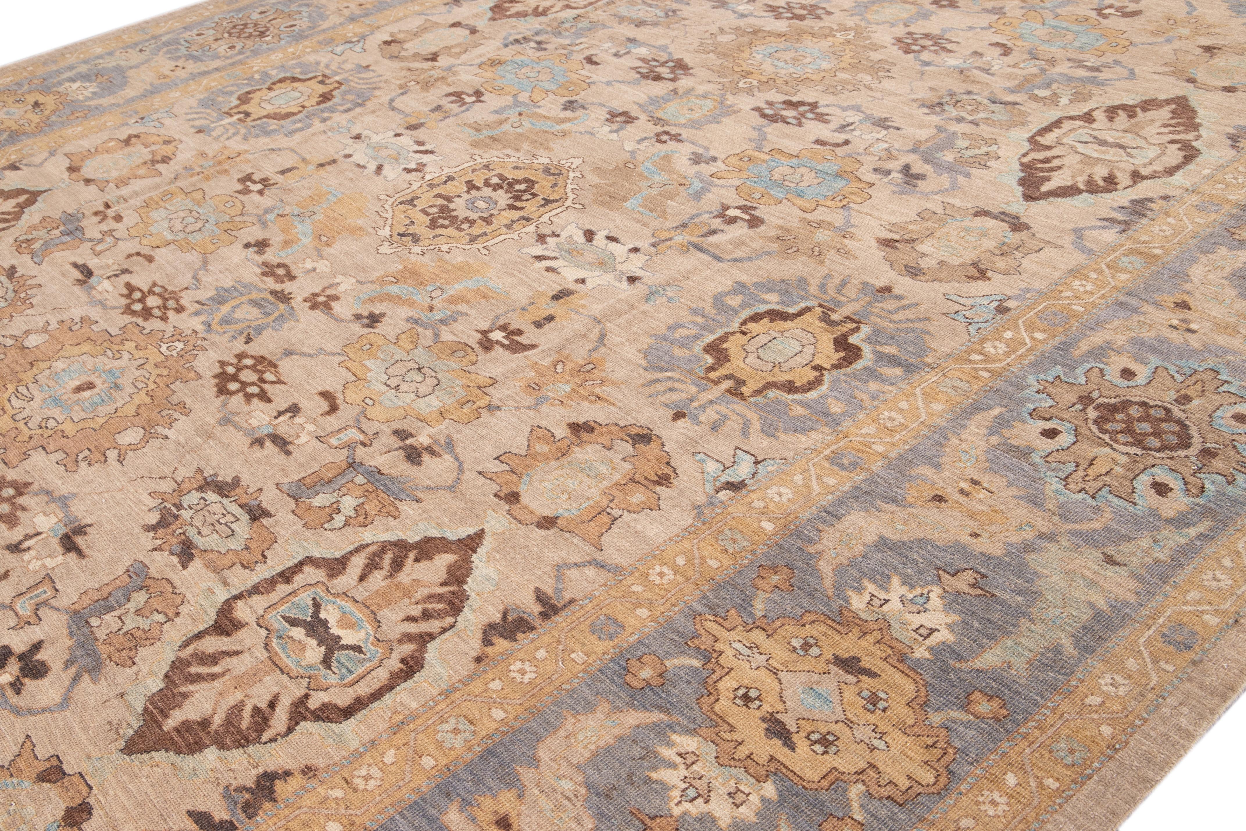 Tan Modern Persian Sultanabad Handmade Floral Oversize Wool Rug For Sale 2