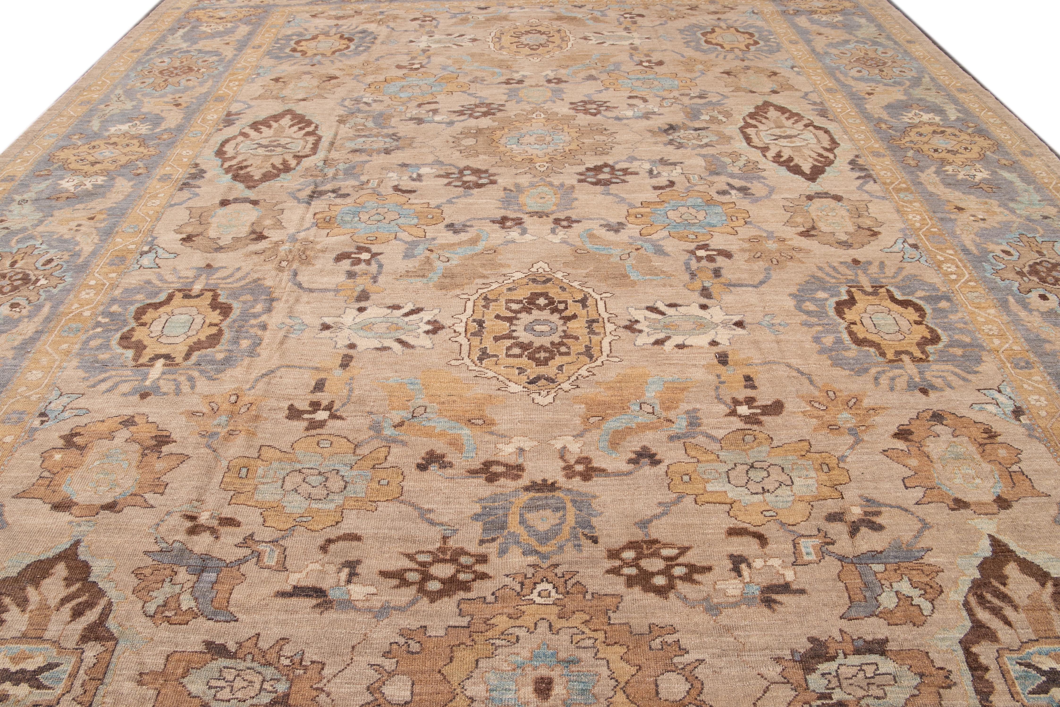 Tan Modern Persian Sultanabad Handmade Floral Oversize Wool Rug For Sale 5