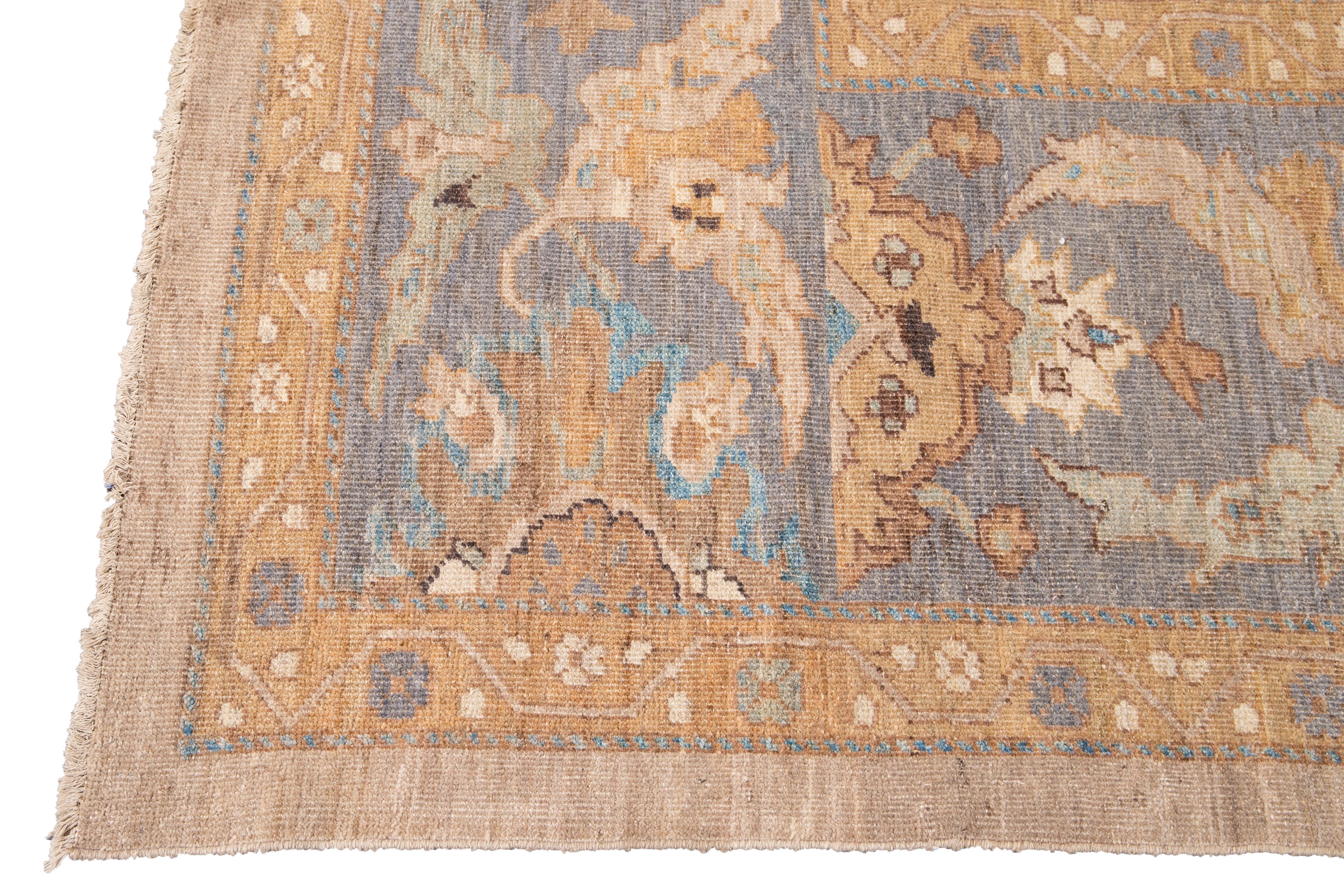 Contemporary Tan Modern Persian Sultanabad Handmade Floral Oversize Wool Rug For Sale