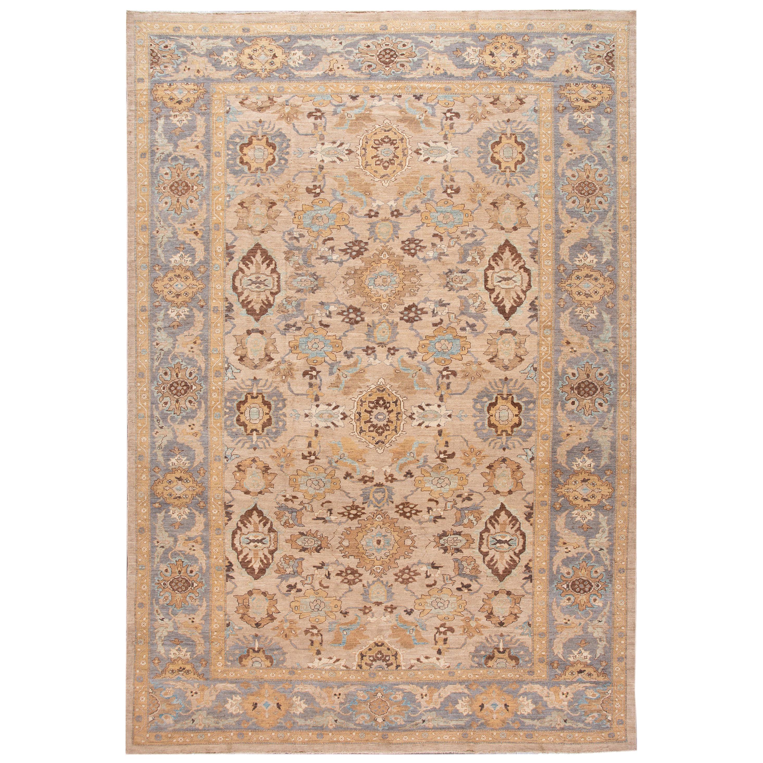 Tan Modern Persian Sultanabad Handmade Floral Oversize Wool Rug For Sale