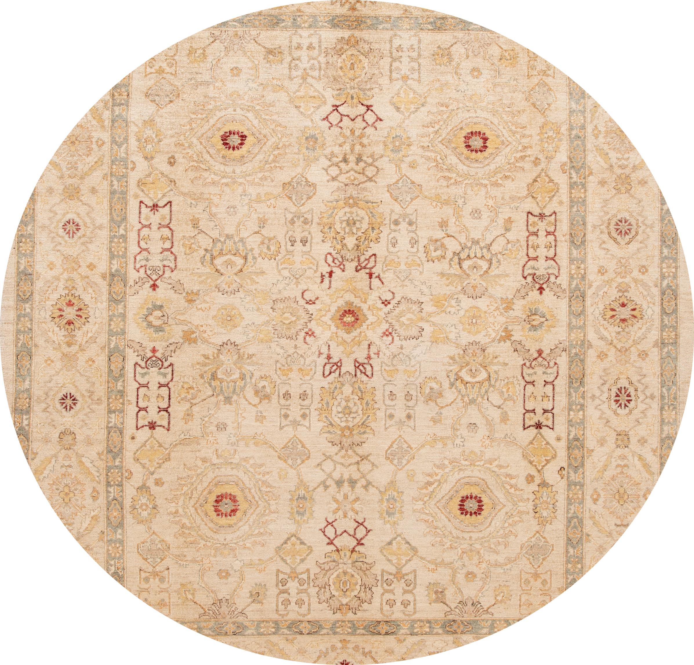 Beautiful contemporary Paki Peshawar rug, hand-knotted wool with a beige field, and multi-color accents in an all-over floral design.
This rug measures: 8'1