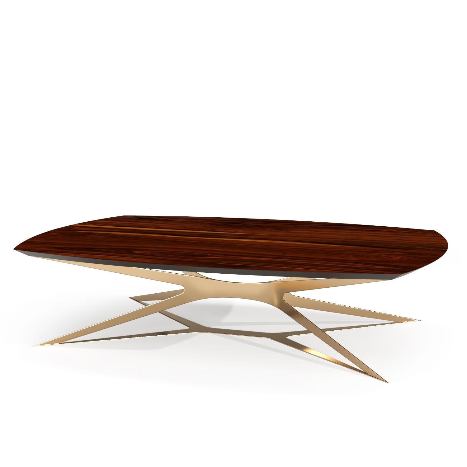 Rectangular Center Coffee Table in High-Gloss Ironwood and Gold Lacquered Steel 