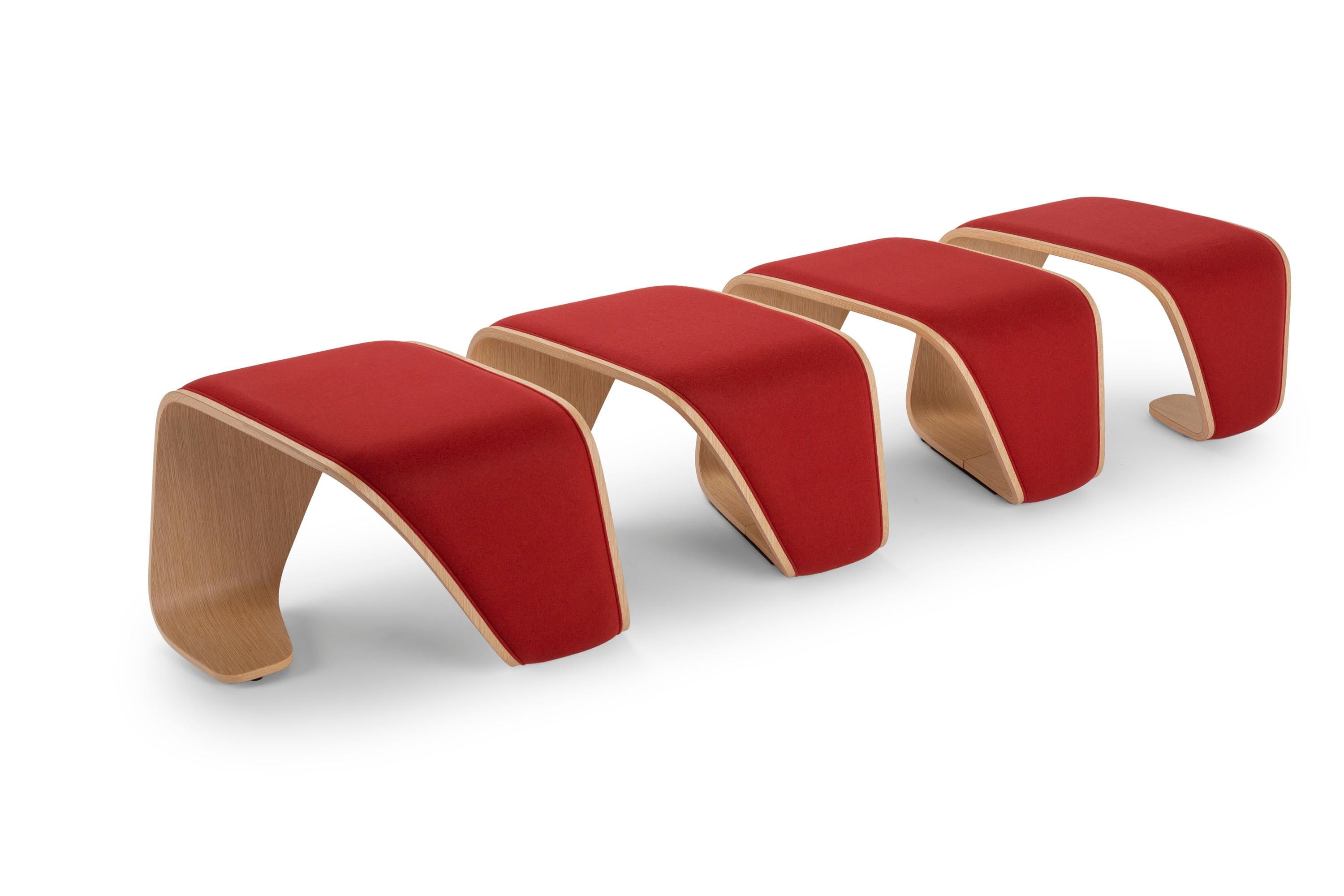 Inspired by the dynamic forms of biogenetics, the DNA modular bench consists of a single element of curved wood plywood, assembled specularly. 
The result is an appealing piece of furniture with a particular helix shape, each step of which