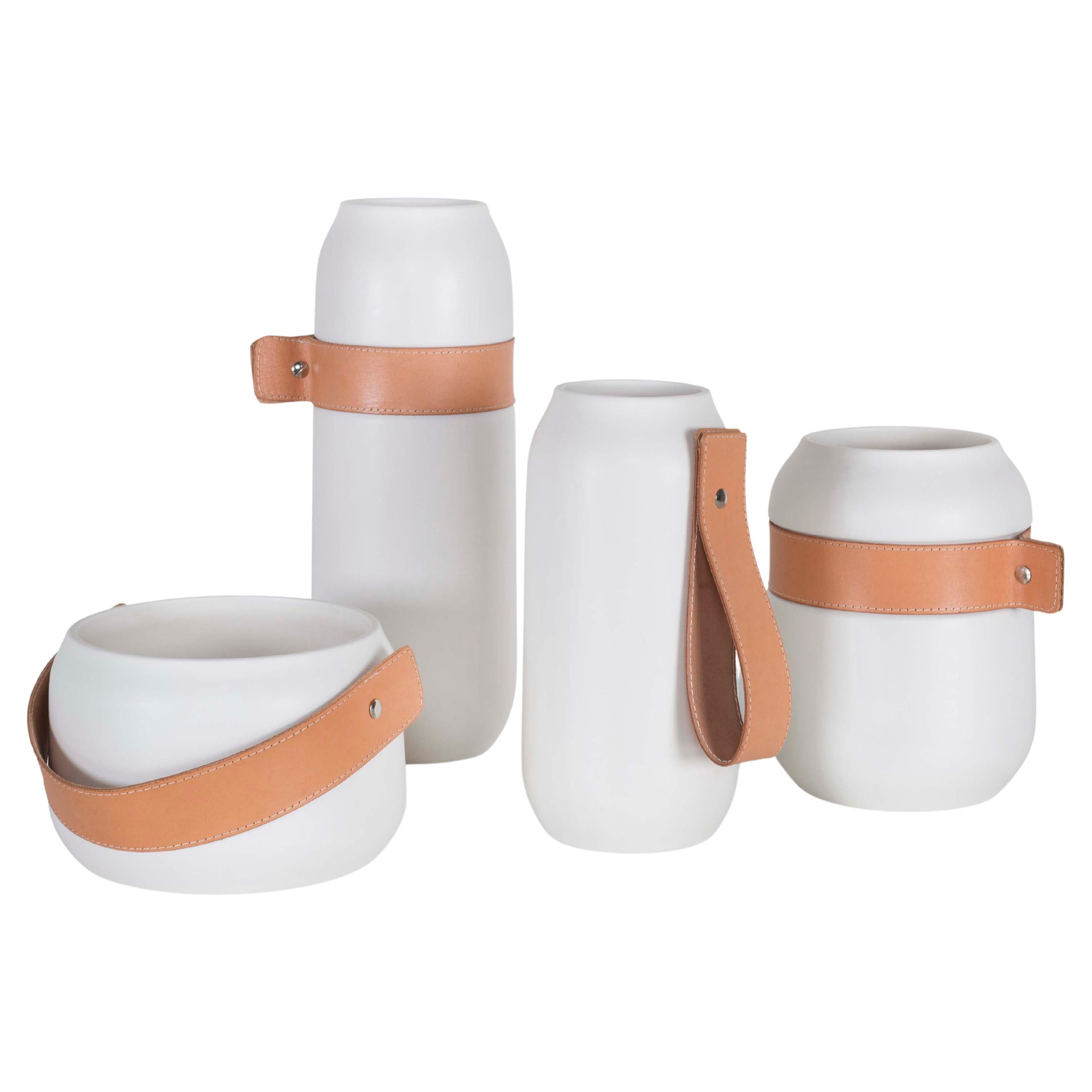 Set/4 Ceramic Vases w/ Leather, White, Handmade in Portugal by Lusitanus Home