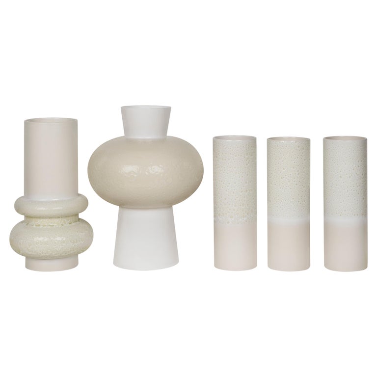 Contemporary Set/5 Vases, Ceramic Vases, White, Handmade in Portugal by Lusitanus Home For Sale