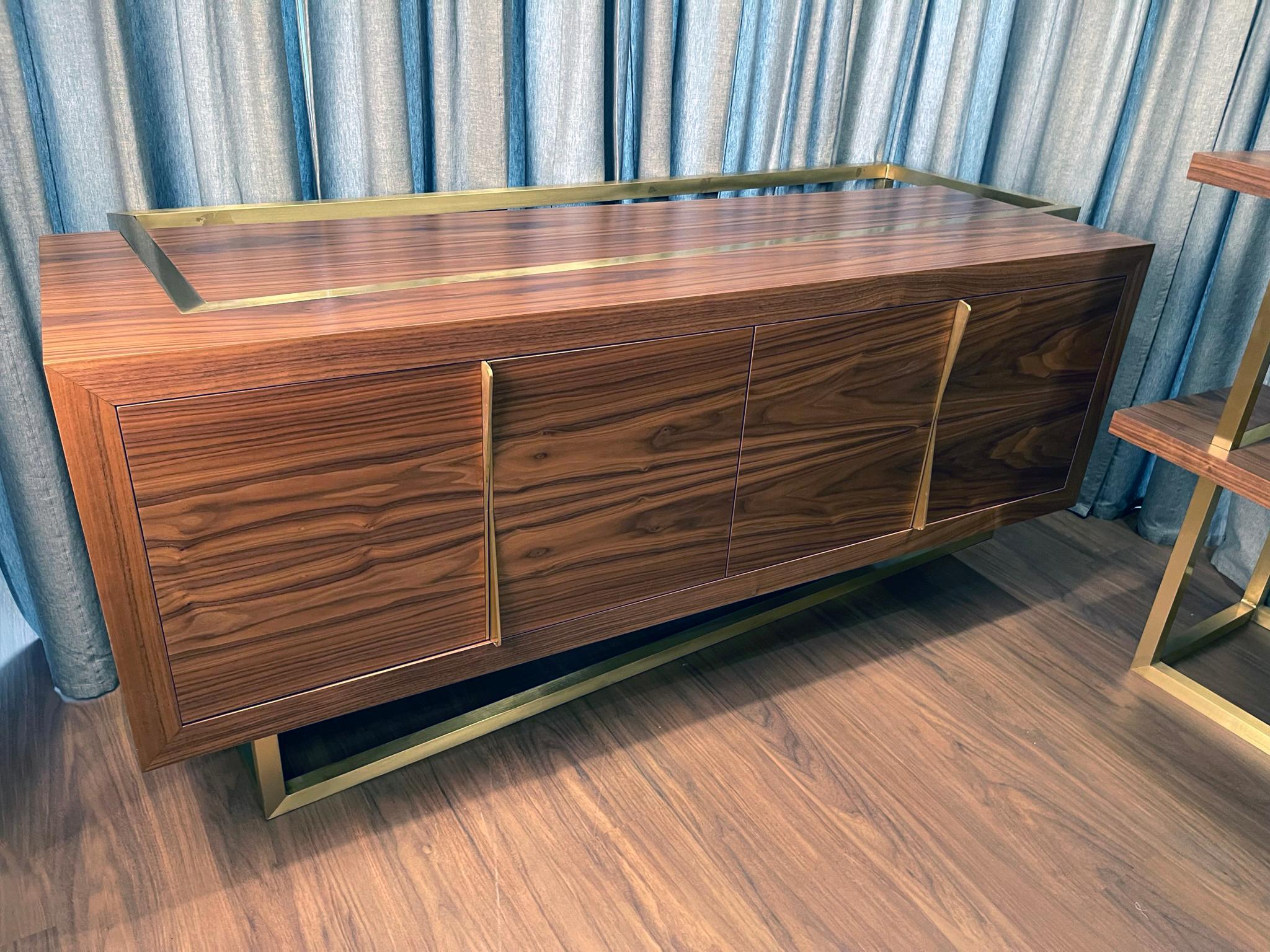 Portuguese 21st Century Modern Credenza Sideboard in Walnut and Brass Showroom Sample
