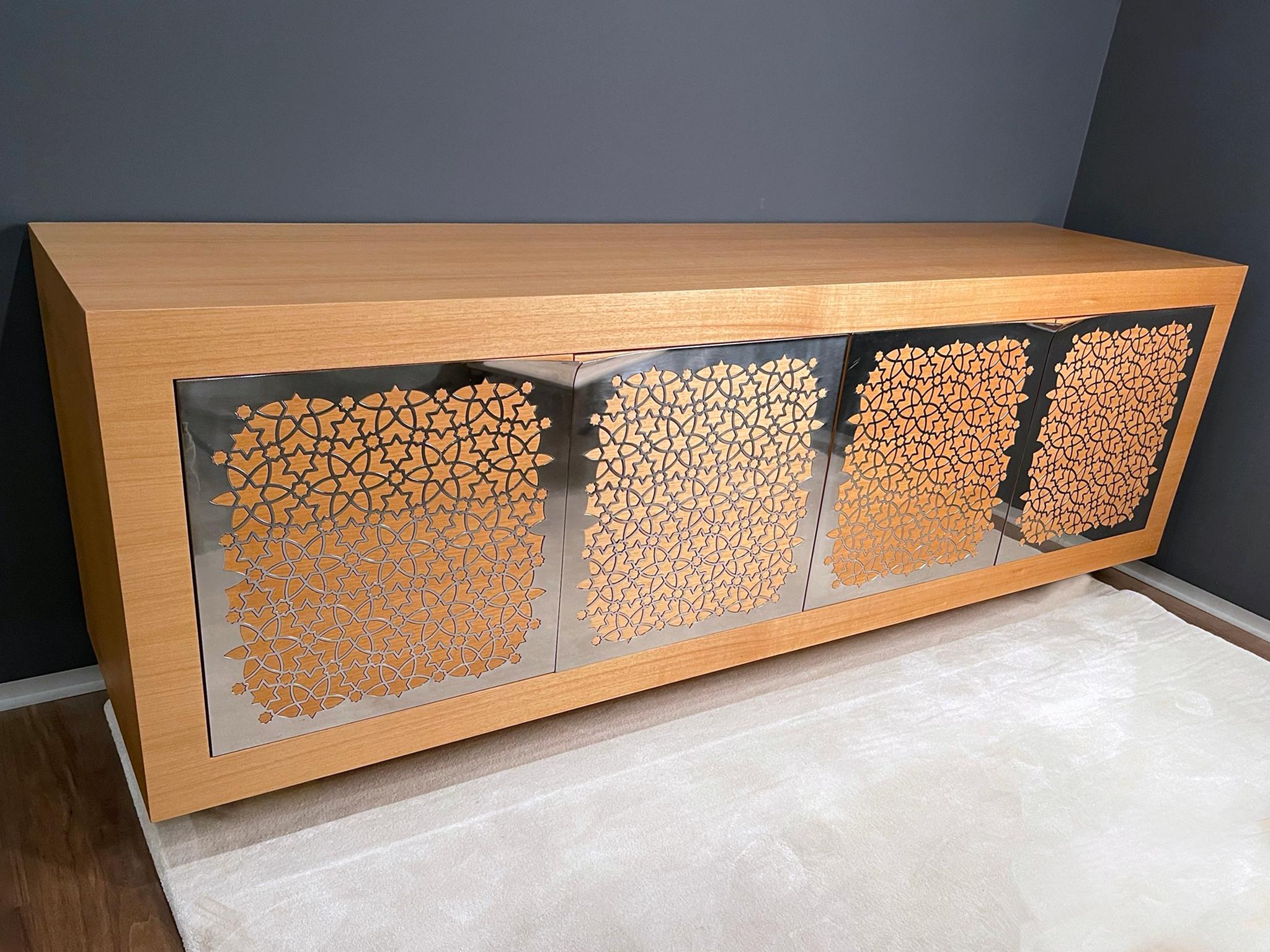 Contemporary Modern Suspended Credenza Sideboard in Oak Wood and Polished Stainless Steel For Sale