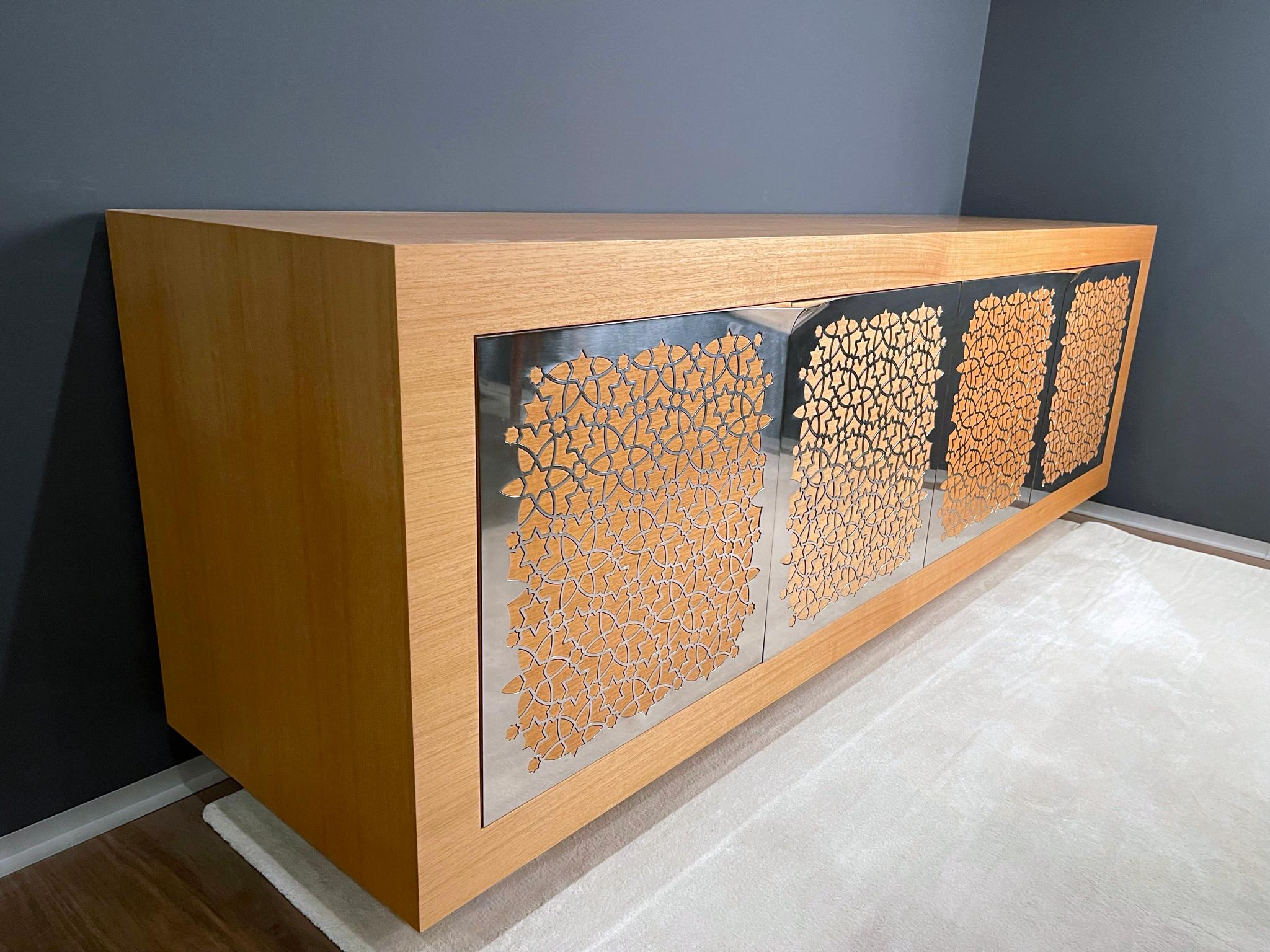 Modern Suspended Credenza Sideboard in Oak Wood and Polished Stainless Steel For Sale 1