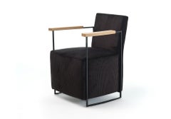 21st Century Modern Small Armchair in Cotton Corduroy with Solid Oak Armrests