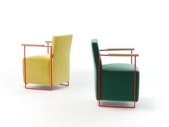 21st Century Modern Small Armchair in Cotton Velvet with Solid Oak Armrests