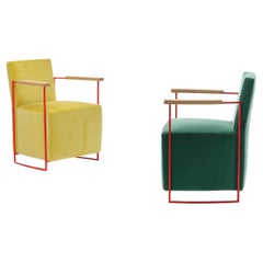 21st Century Modern Small Armchair in Cotton Velvet with Solid Oak Armrests