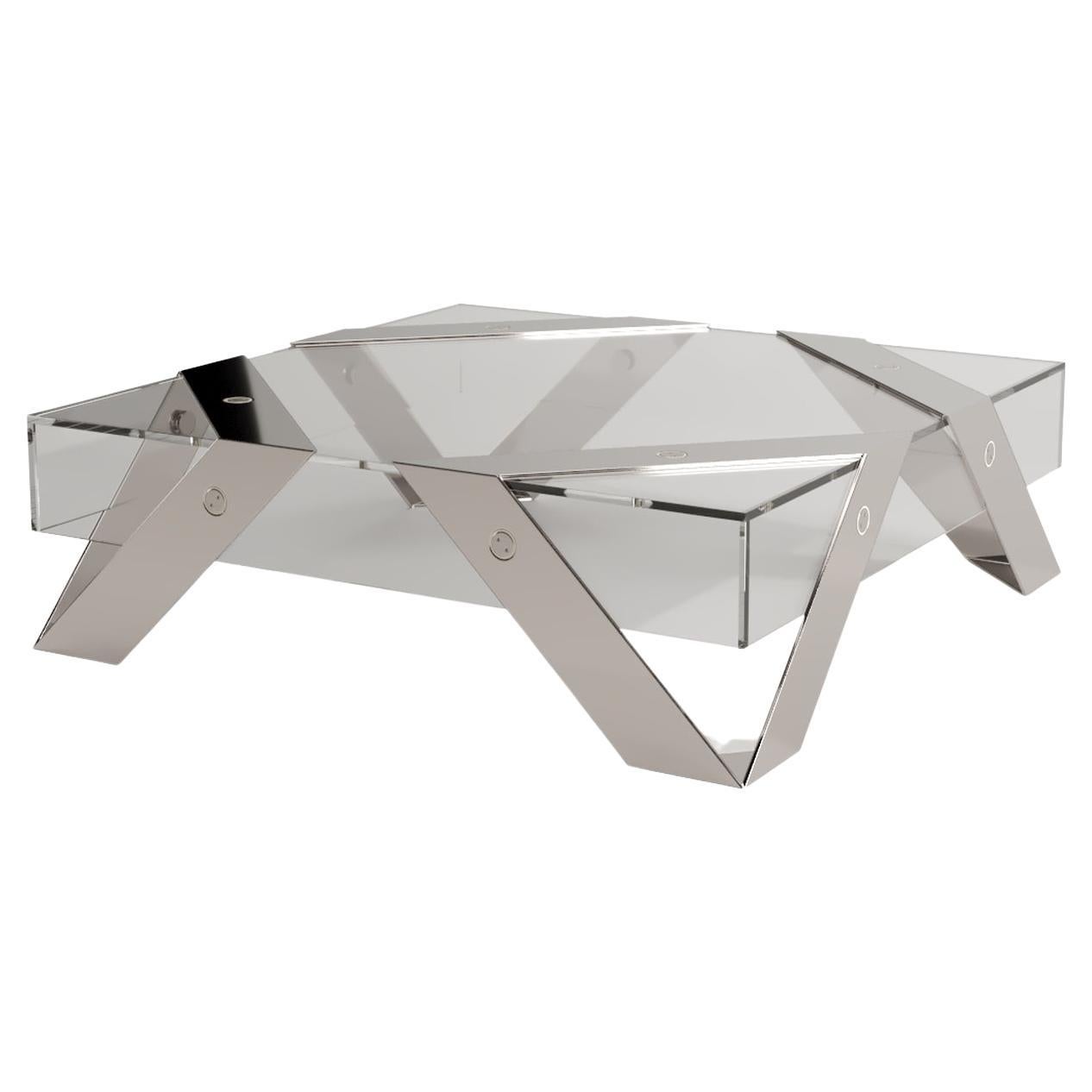 Modern Minimalist Square Center Coffee Table Glass and Brushed Stainless Steel For Sale