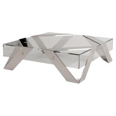 Modern Minimalist Square Center Coffee Table Glass and Brushed Stainless Steel