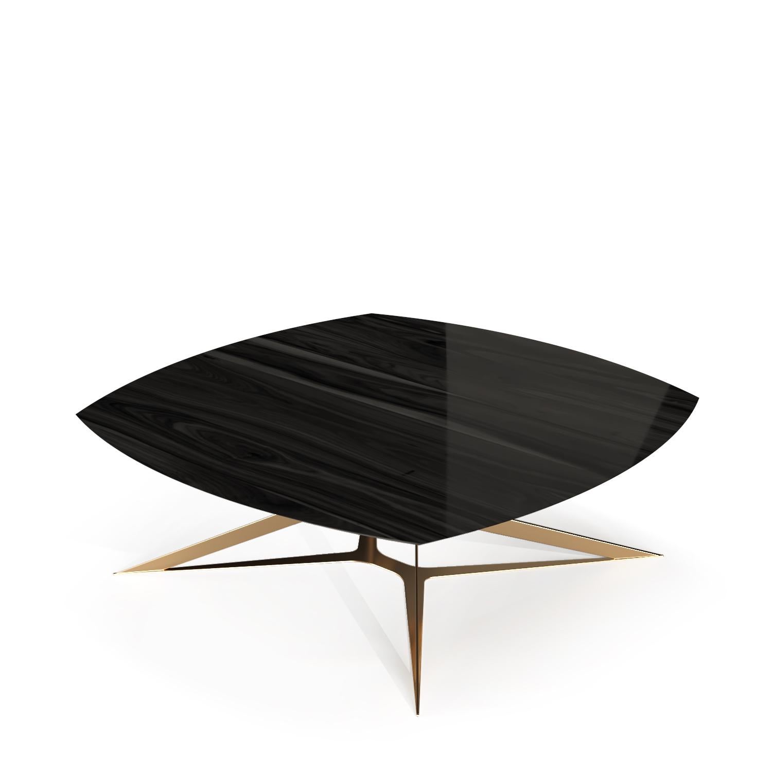 Portuguese Modern Square Center Coffee Table High-Gloss Black Oak Wood Gold Lacquered Steel For Sale