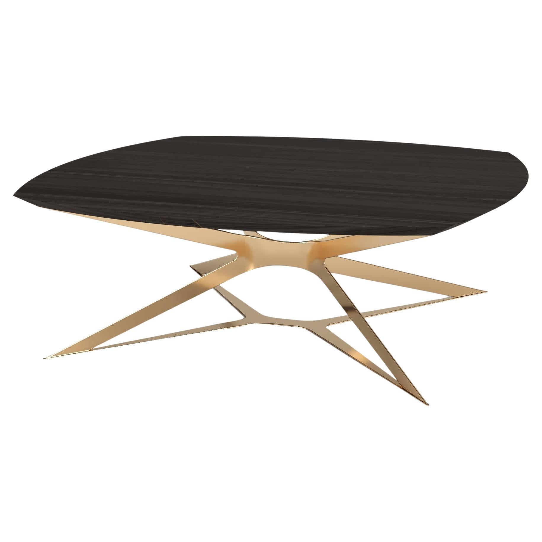 Modern Square Center Coffee Table High-Gloss Black Oak Wood Gold Lacquered Steel