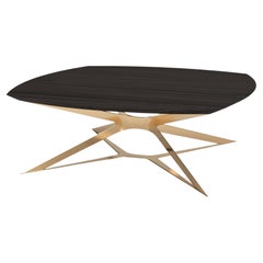 Square Center Coffee Table in High-Gloss Black Oak Wood and Gold Lacquered Steel
