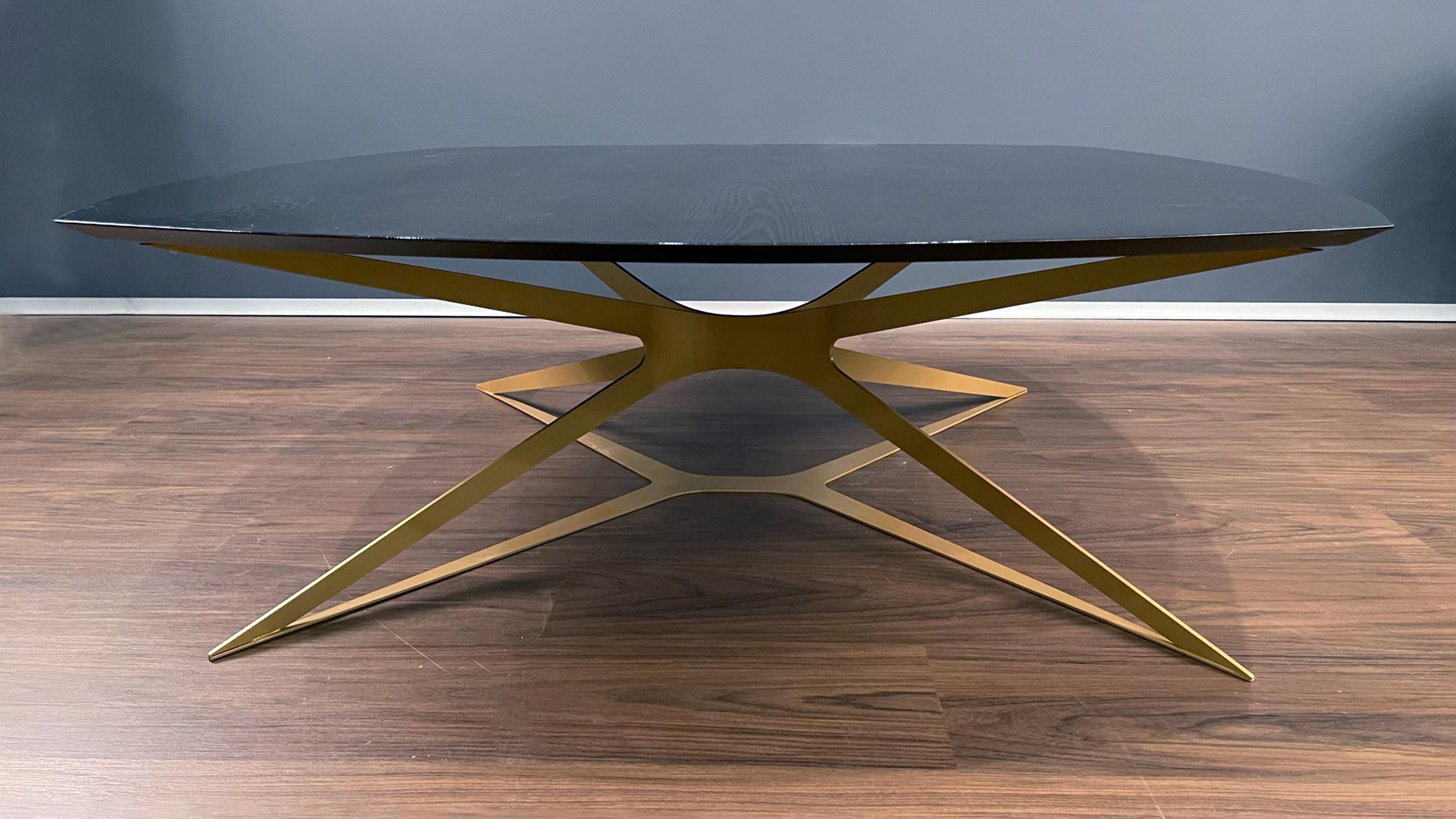 Hand-Crafted Modern Square Center Coffee Table High-Gloss Black Oak Wood Gold Lacquered Steel For Sale