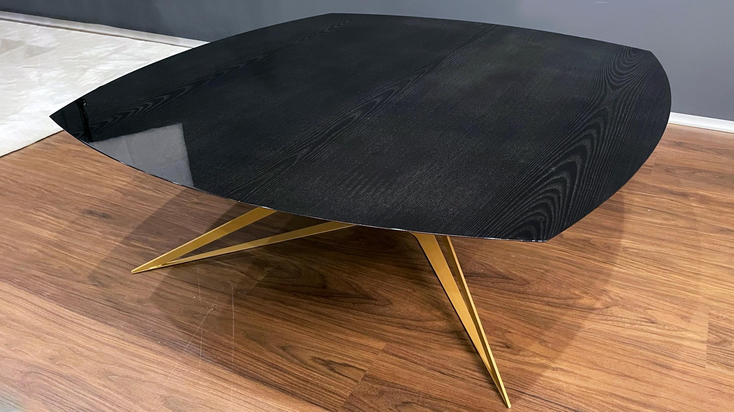 Metal Modern Square Center Coffee Table High-Gloss Black Oak Wood Gold Lacquered Steel For Sale
