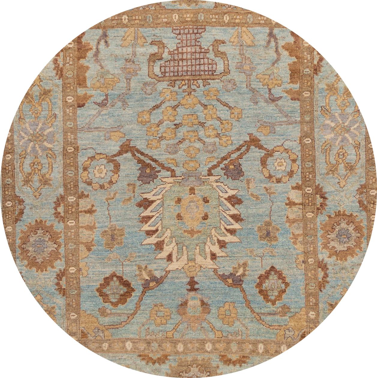 21st century modern square Persian Sultanabad rug with a wide beige border and blue field with a traditional all-over design. 

This rug measures: 5'02