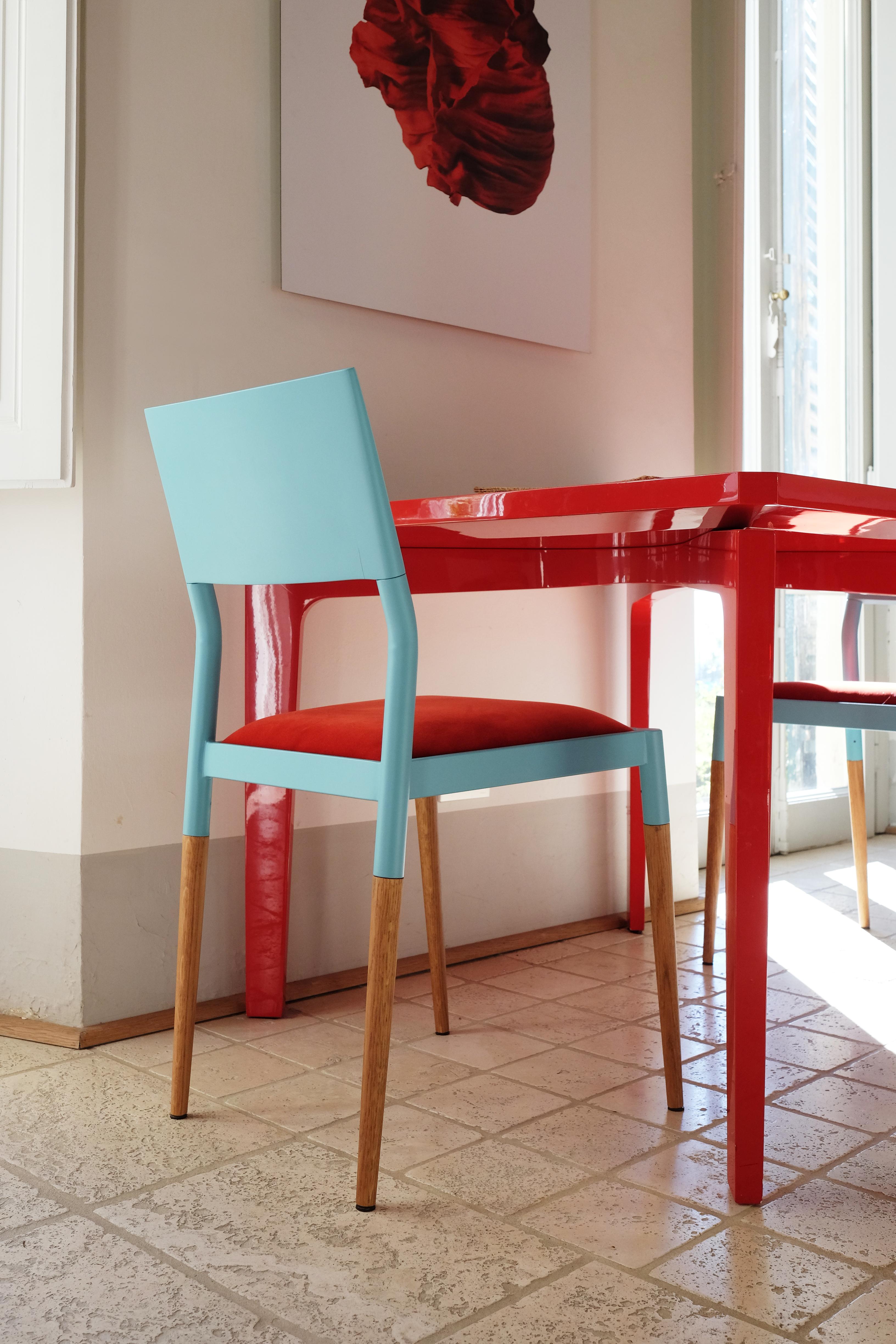 21st Century Modern Steel And Wood Chair With Velvet Upholstered Seat For Sale 5