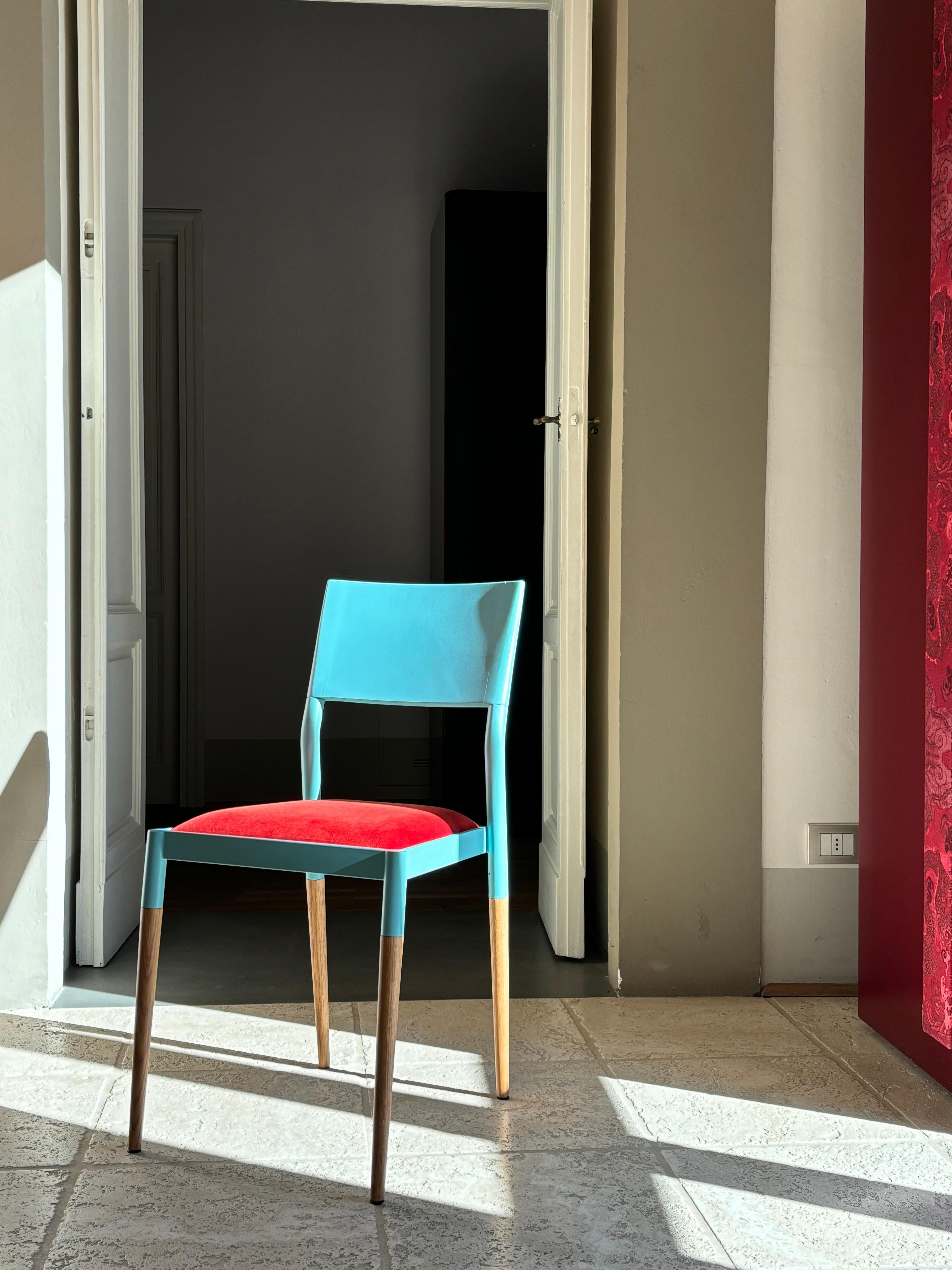 21st Century Modern Steel And Wood Chair With Velvet Upholstered Seat For Sale 6