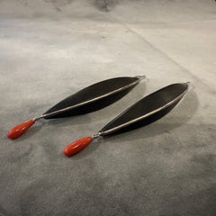 21st Century Modern Sterling Silver Ebony and Mediterranean Coral Stud Earrings