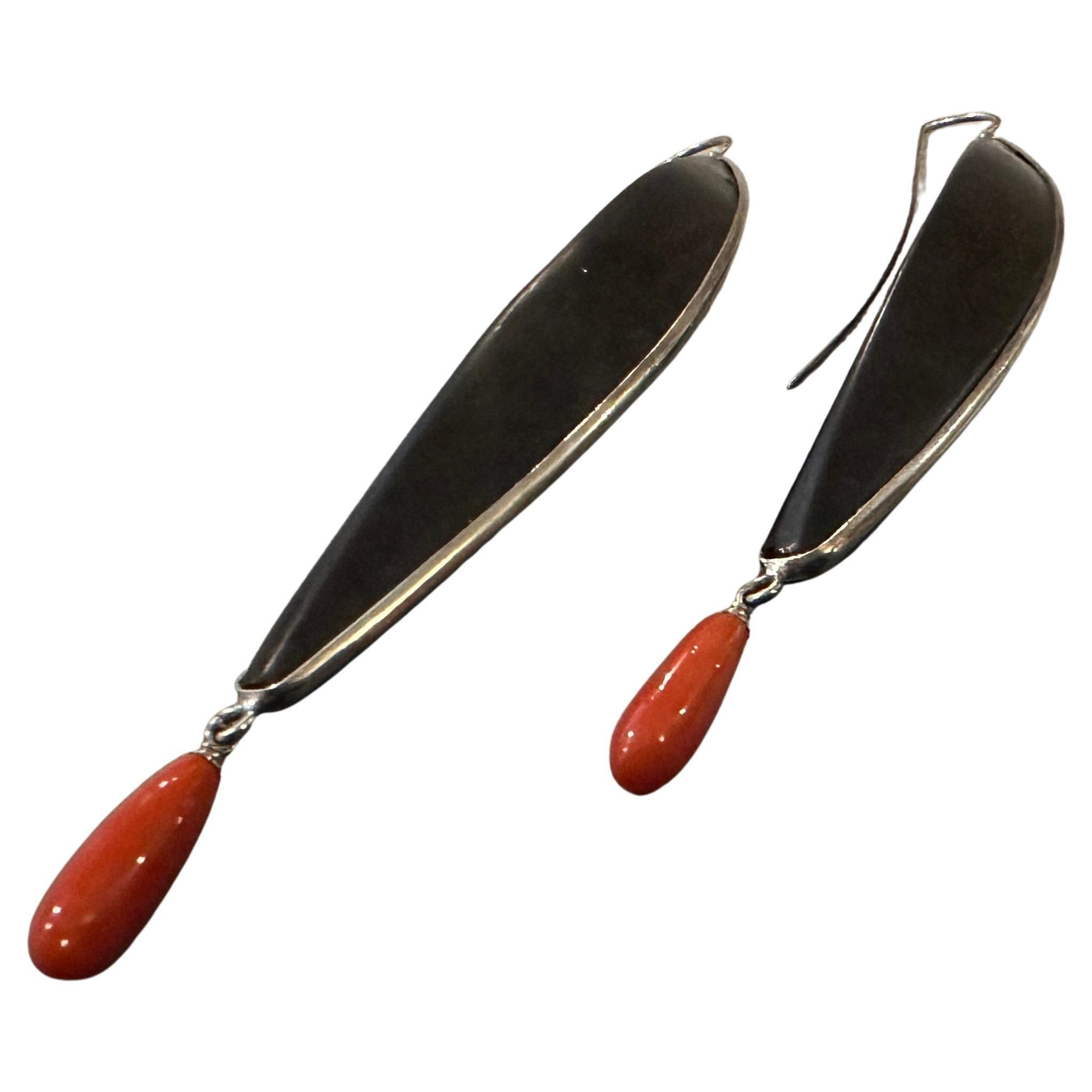 Oval Cut 21st Century Modern Sterling Silver Ebony and Mediterranean Coral Stud Earrings For Sale
