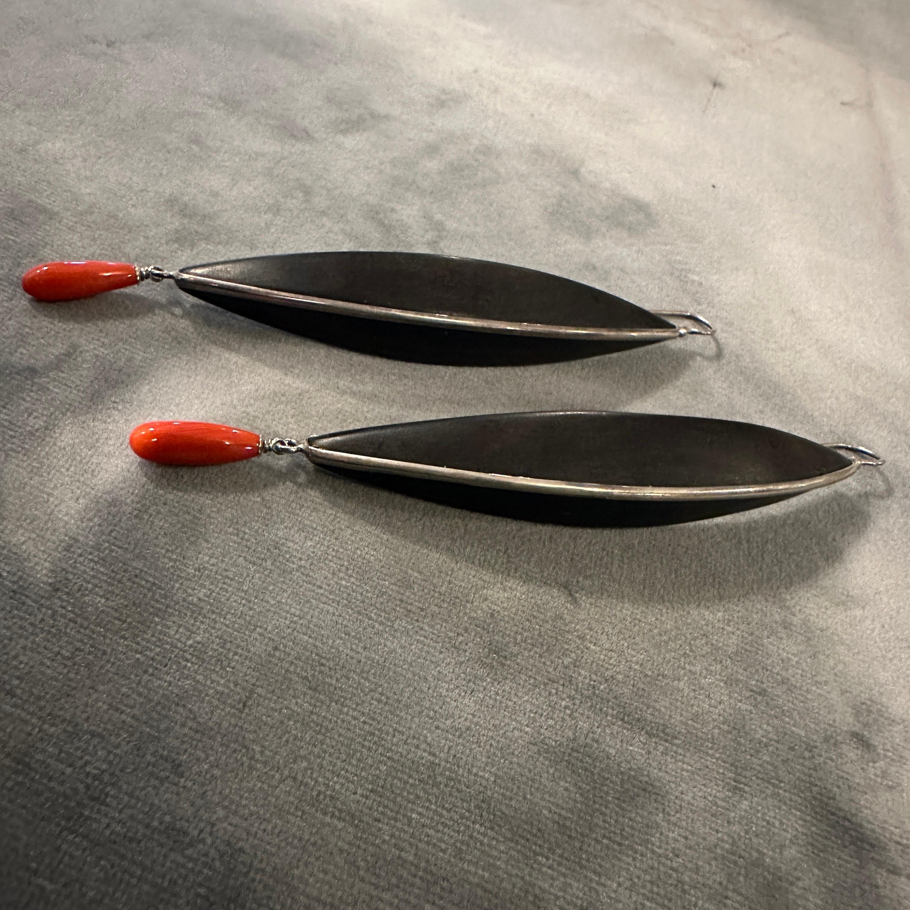 Women's or Men's 21st Century Modern Sterling Silver Ebony and Mediterranean Coral Stud Earrings For Sale