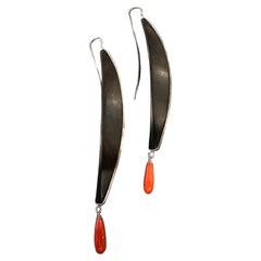 21st Century Modern Sterling Silver Ebony and Mediterranean Coral Stud Earrings