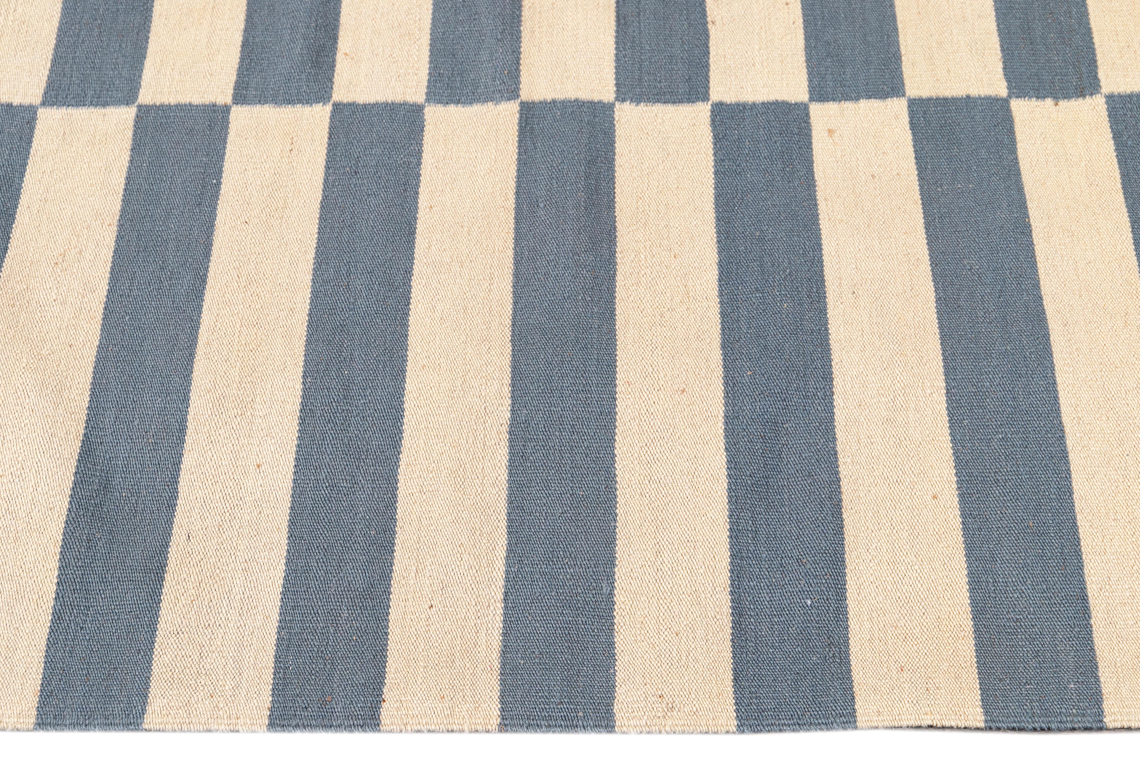 Wool 21st Century Modern Striped Flat-Weave Kilim Rug For Sale