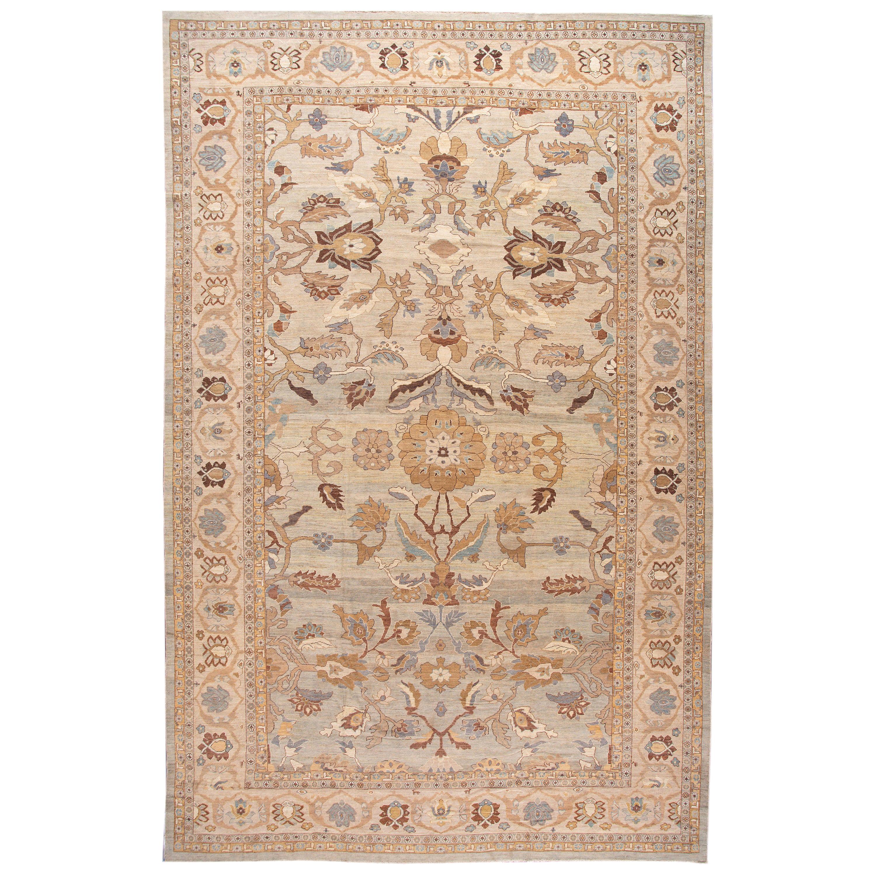 Modern Sultanabad Oversize Handmade Floral Beige And Gray Wool Rug For Sale