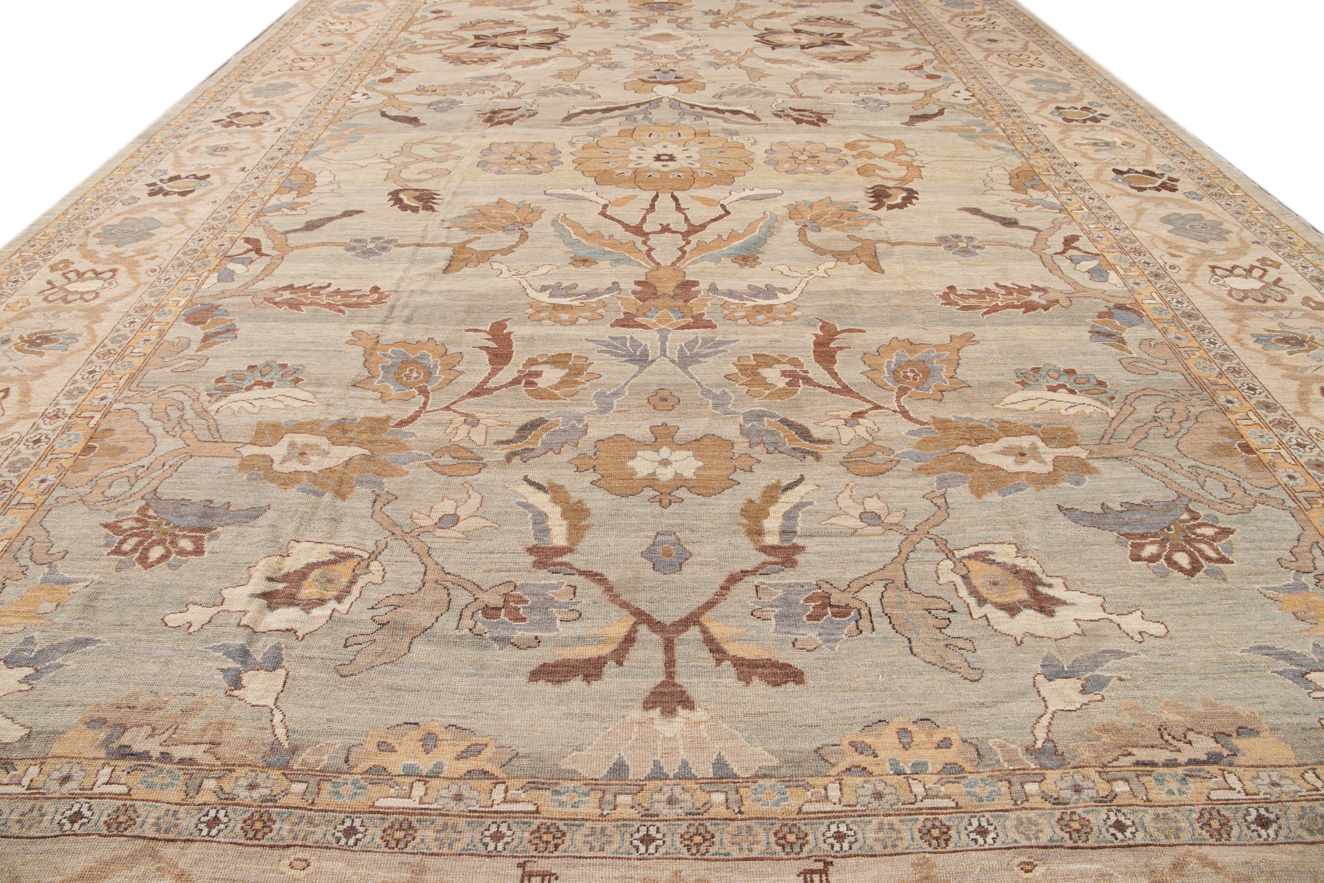 Hand-Knotted Modern Sultanabad Oversize Handmade Floral Beige And Gray Wool Rug For Sale