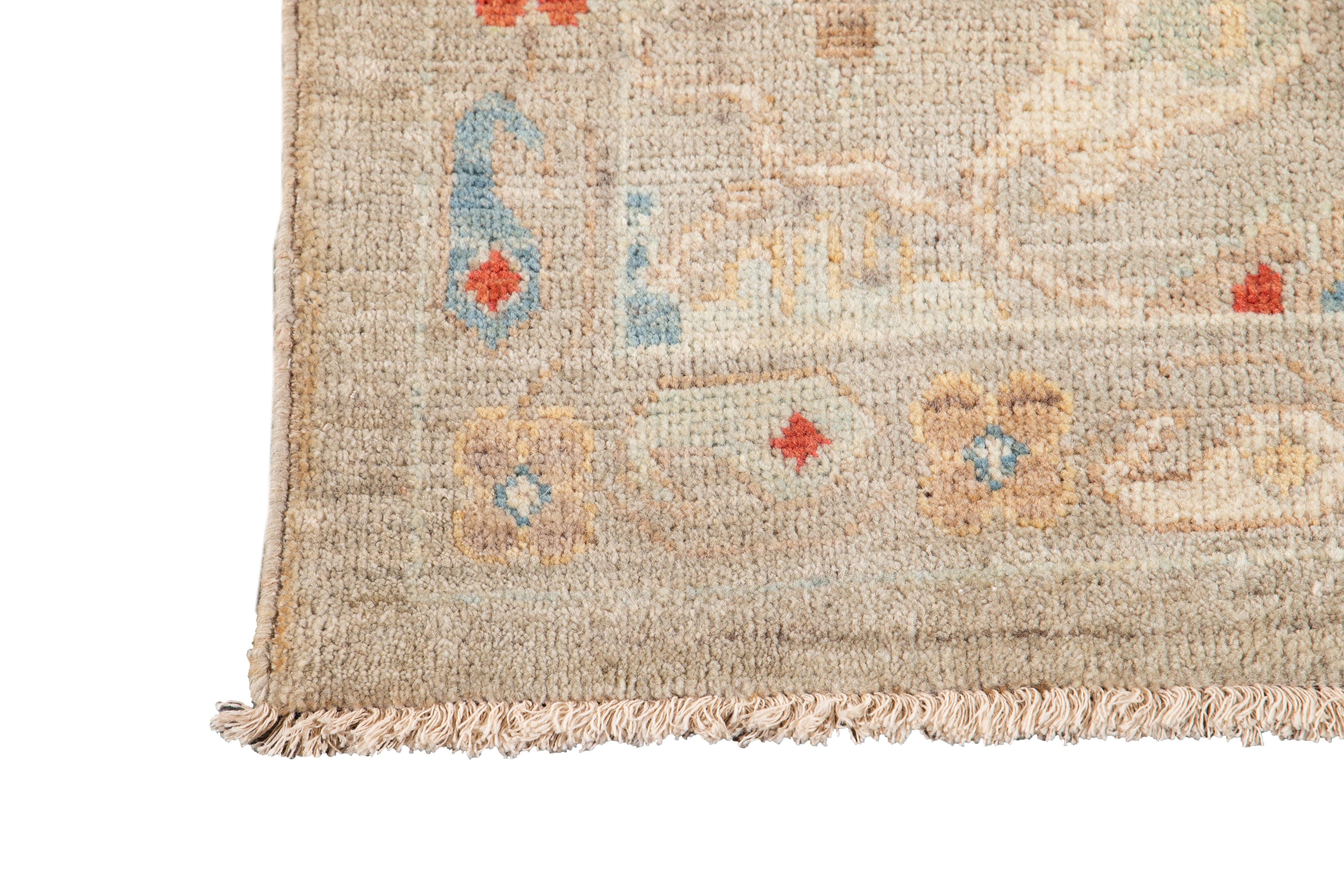 Persian Modern Sultanabad Floral Wool Runner In Light Brown  For Sale