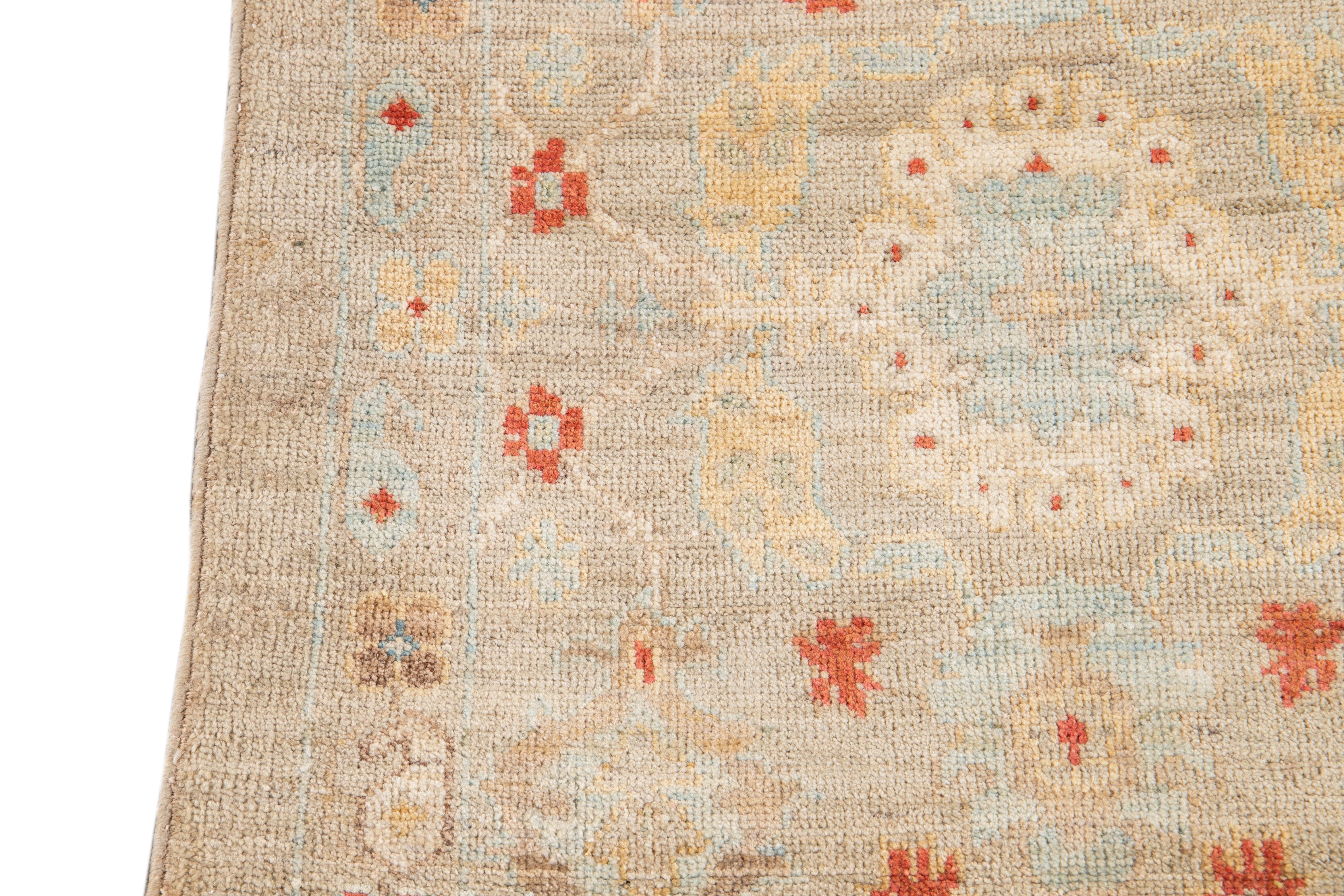 Hand-Knotted Modern Sultanabad Floral Wool Runner In Light Brown  For Sale