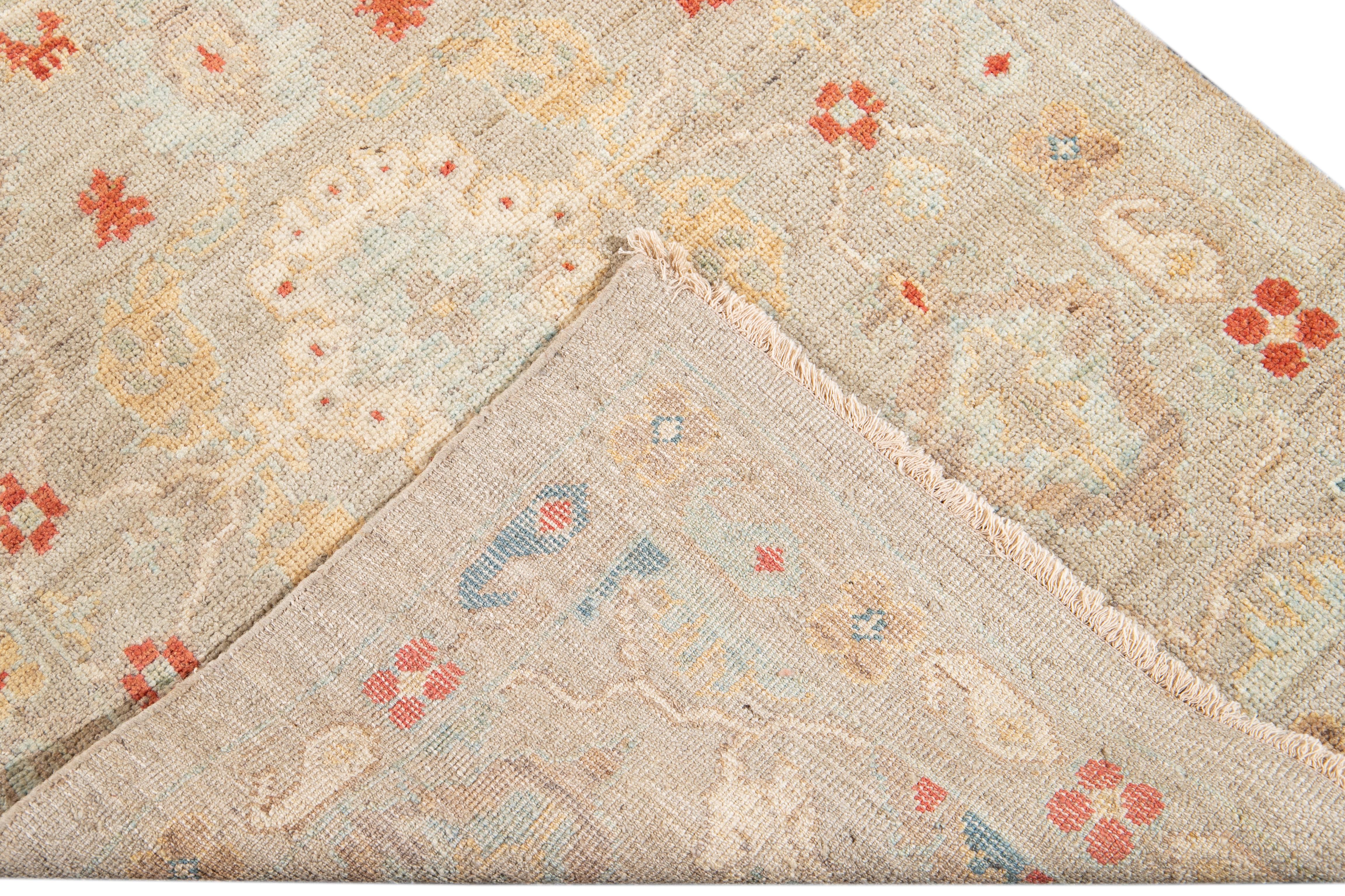 Contemporary Modern Sultanabad Floral Wool Runner In Light Brown  For Sale