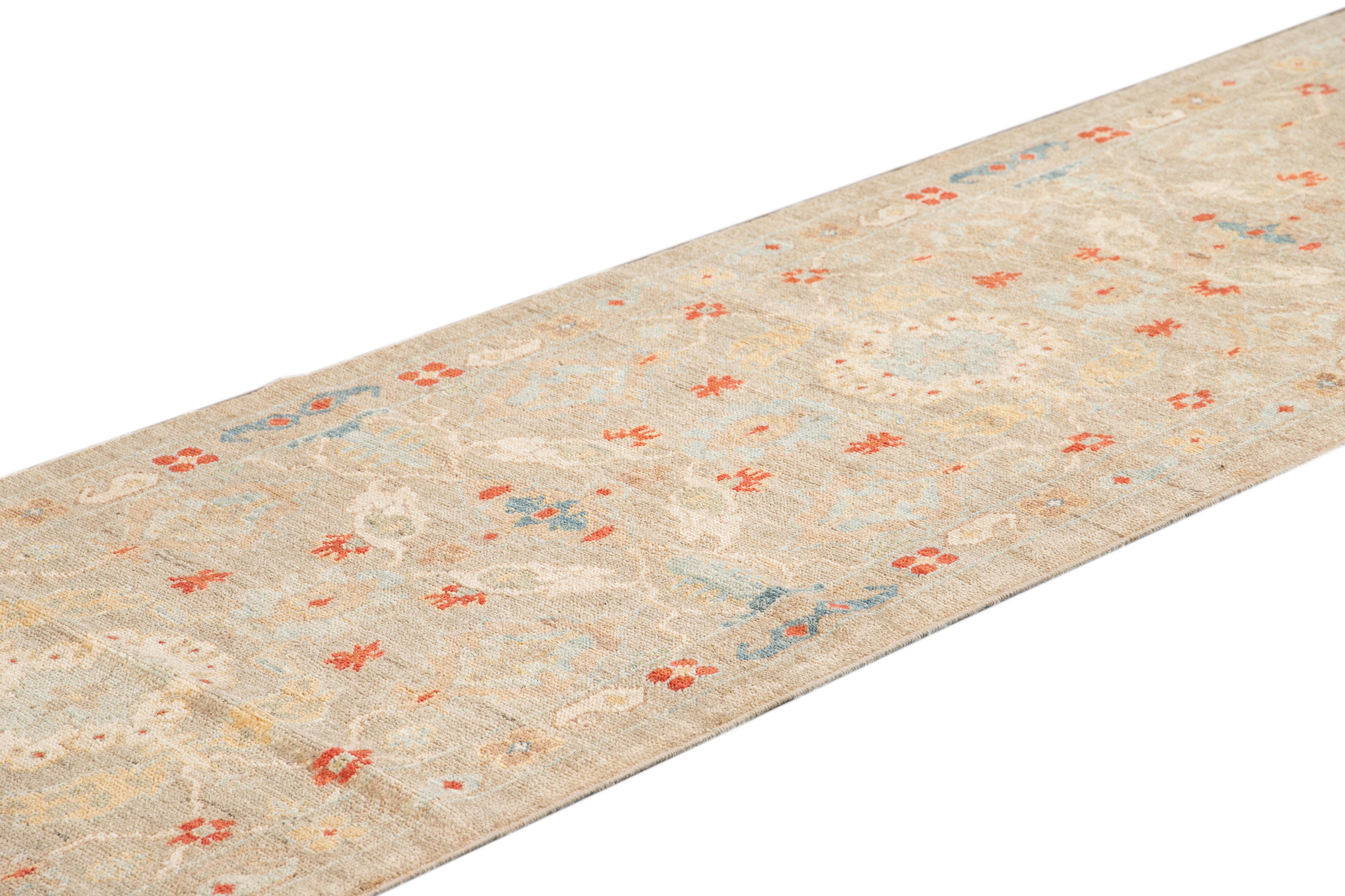 Modern Sultanabad Floral Wool Runner In Light Brown  For Sale 1