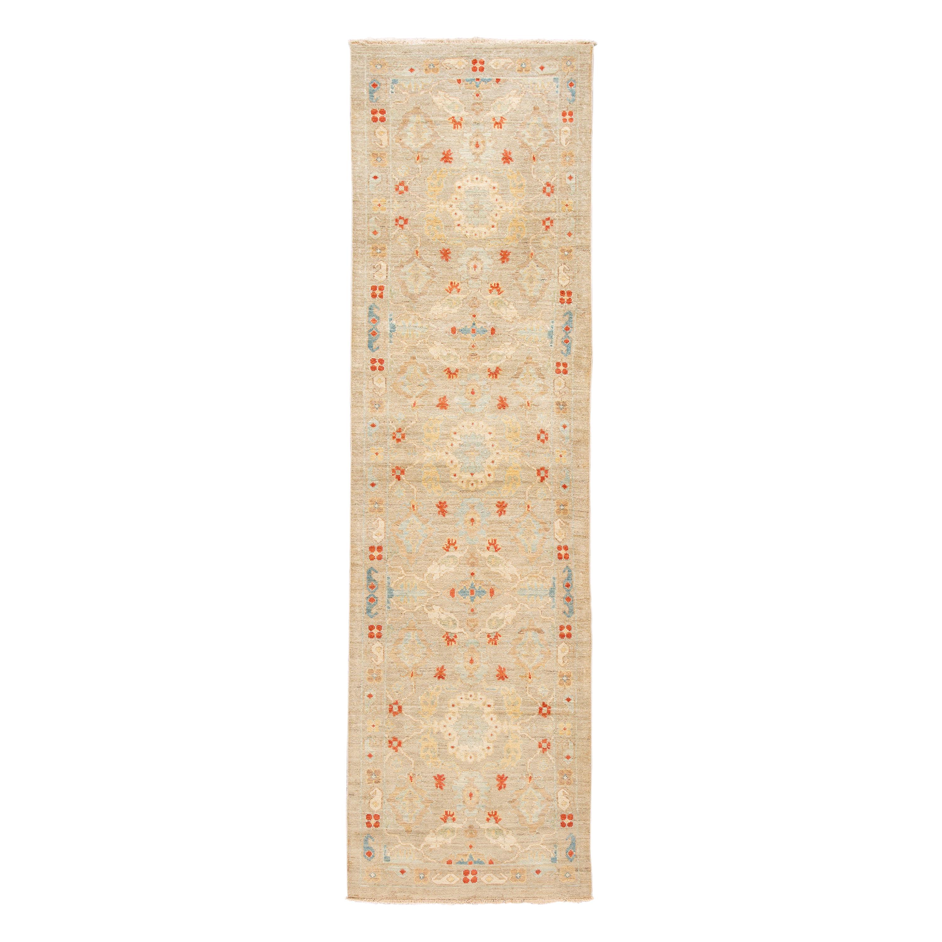 Modern Sultanabad Floral Wool Runner In Light Brown  For Sale