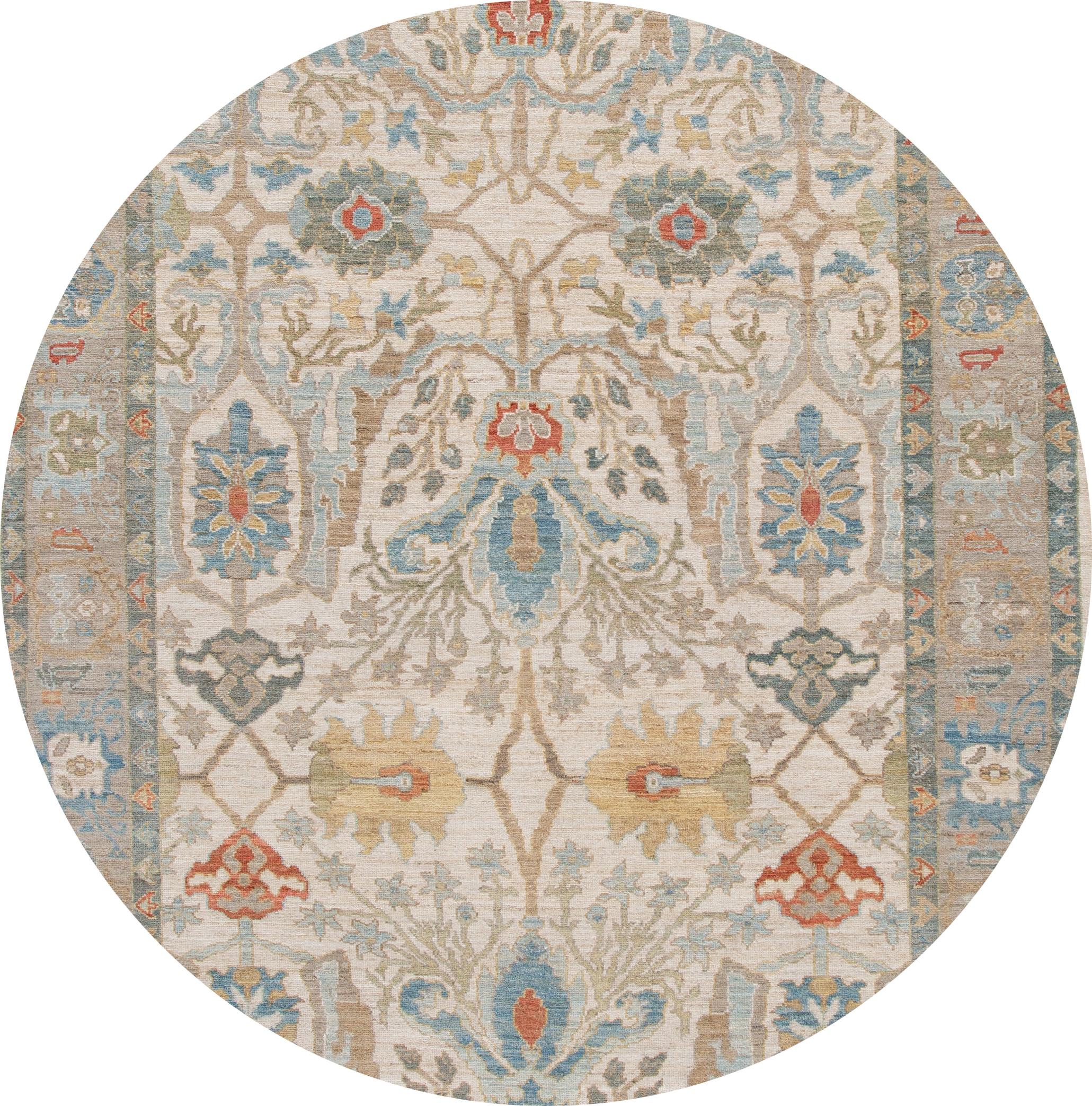Beautiful contemporary Sultanabad rug, hand knotted wool with a beige field. This rug has a frame of gray, and multi-color accents in all-over Classic floral medallion design.

This rug measures: 8'4