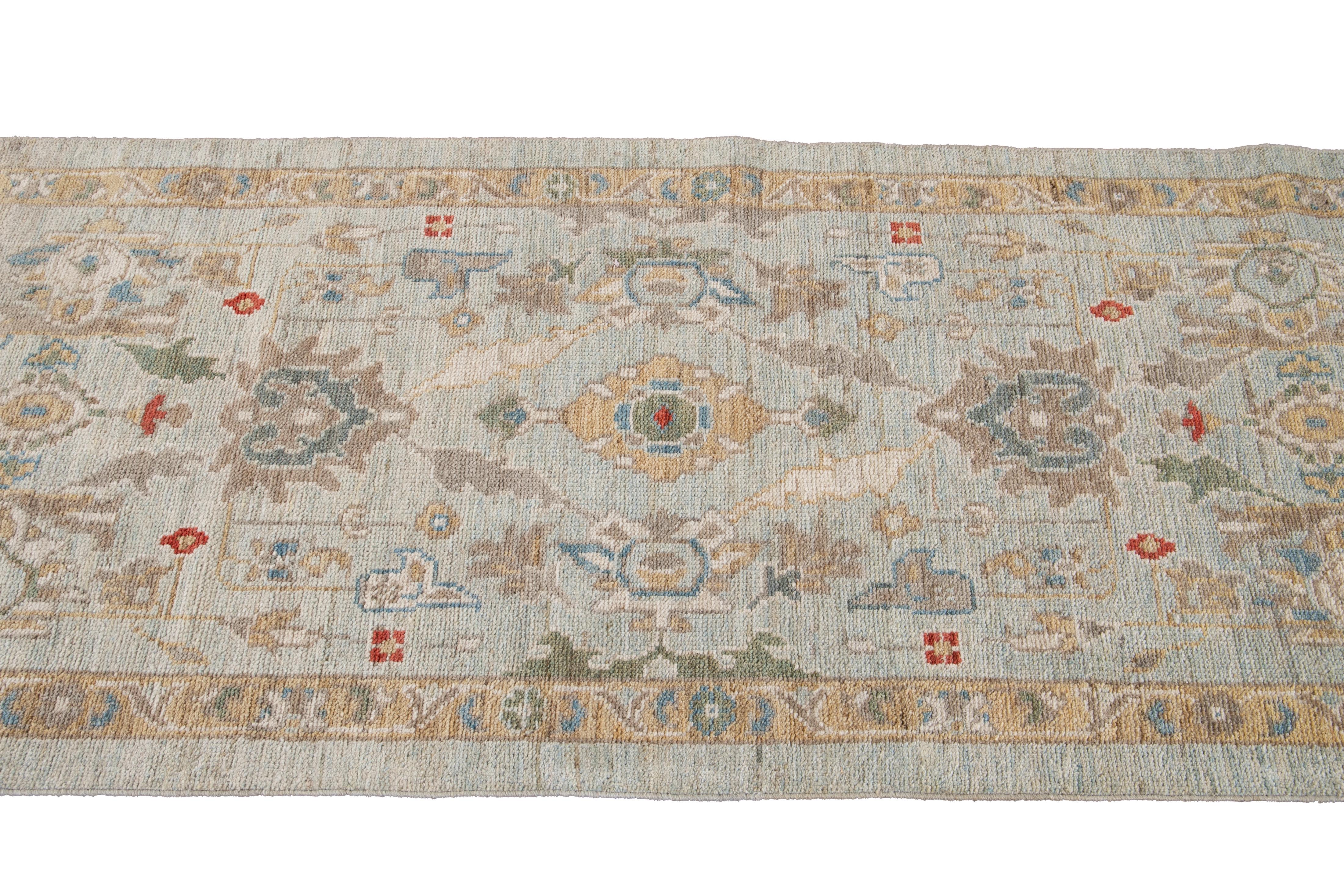 Blauer langer moderner Sultanabad-Läufer aus Wolle im Angebot 5