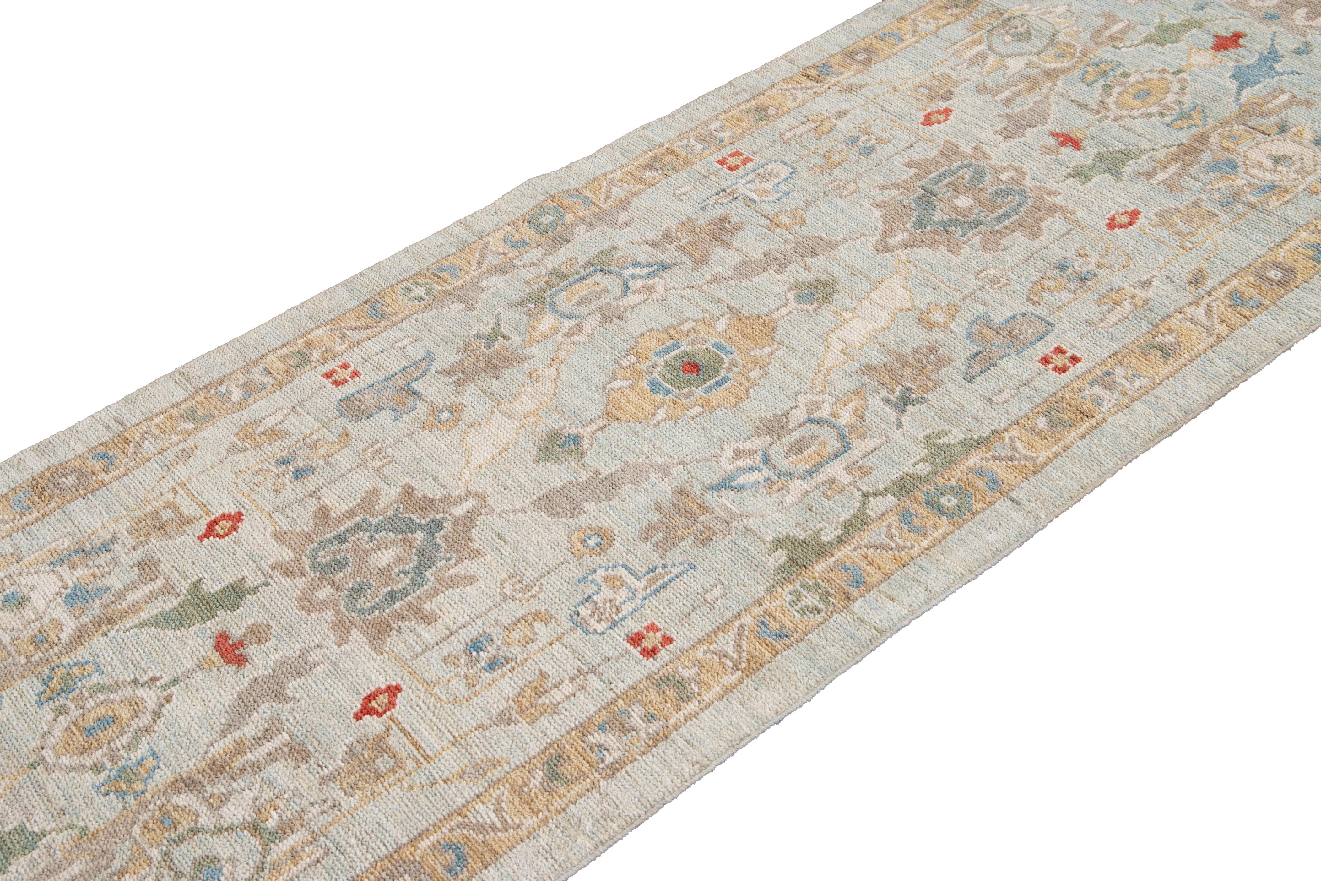 Blauer langer moderner Sultanabad-Läufer aus Wolle im Angebot 7