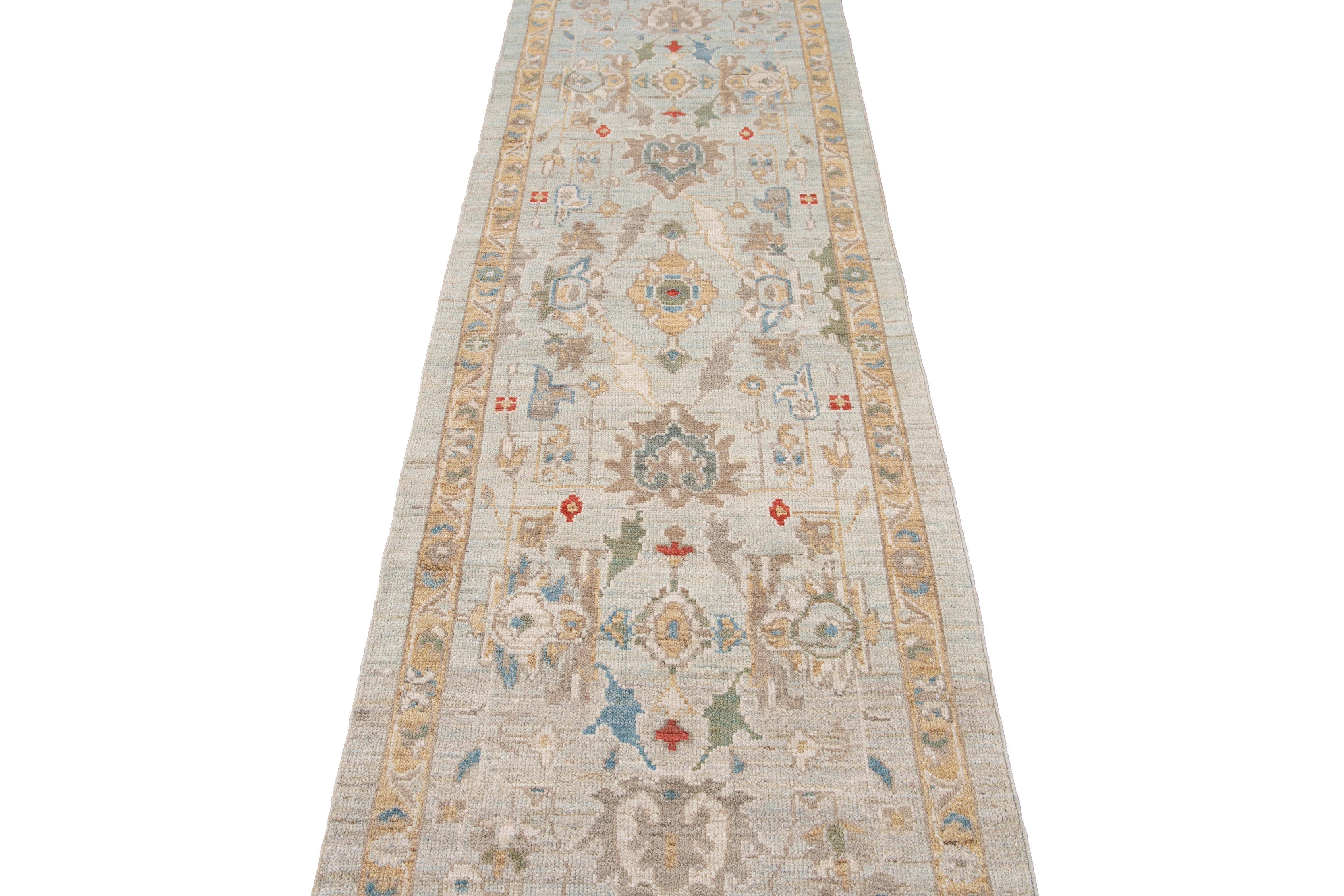 Blauer langer moderner Sultanabad-Läufer aus Wolle im Angebot 9