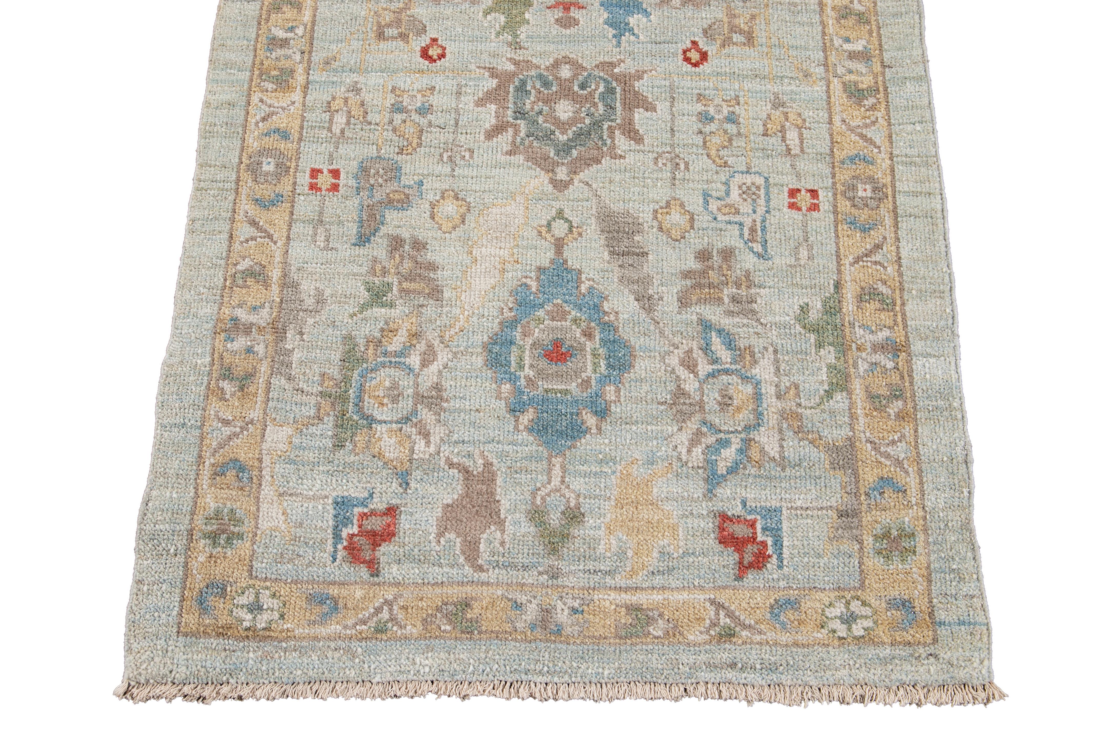 Blauer langer moderner Sultanabad-Läufer aus Wolle im Angebot 3