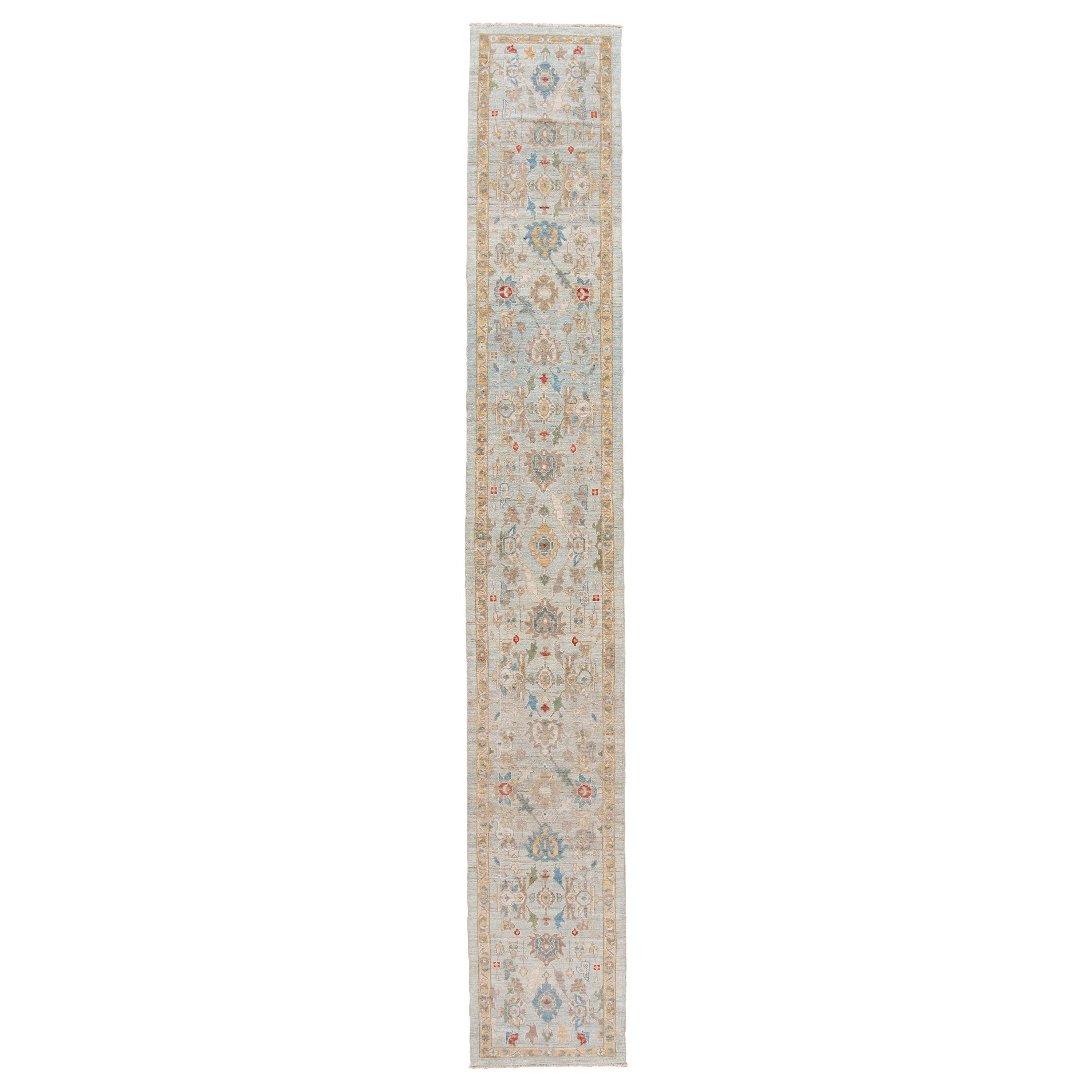 Blue Long Modern Sultanabad Wool Runner For Sale