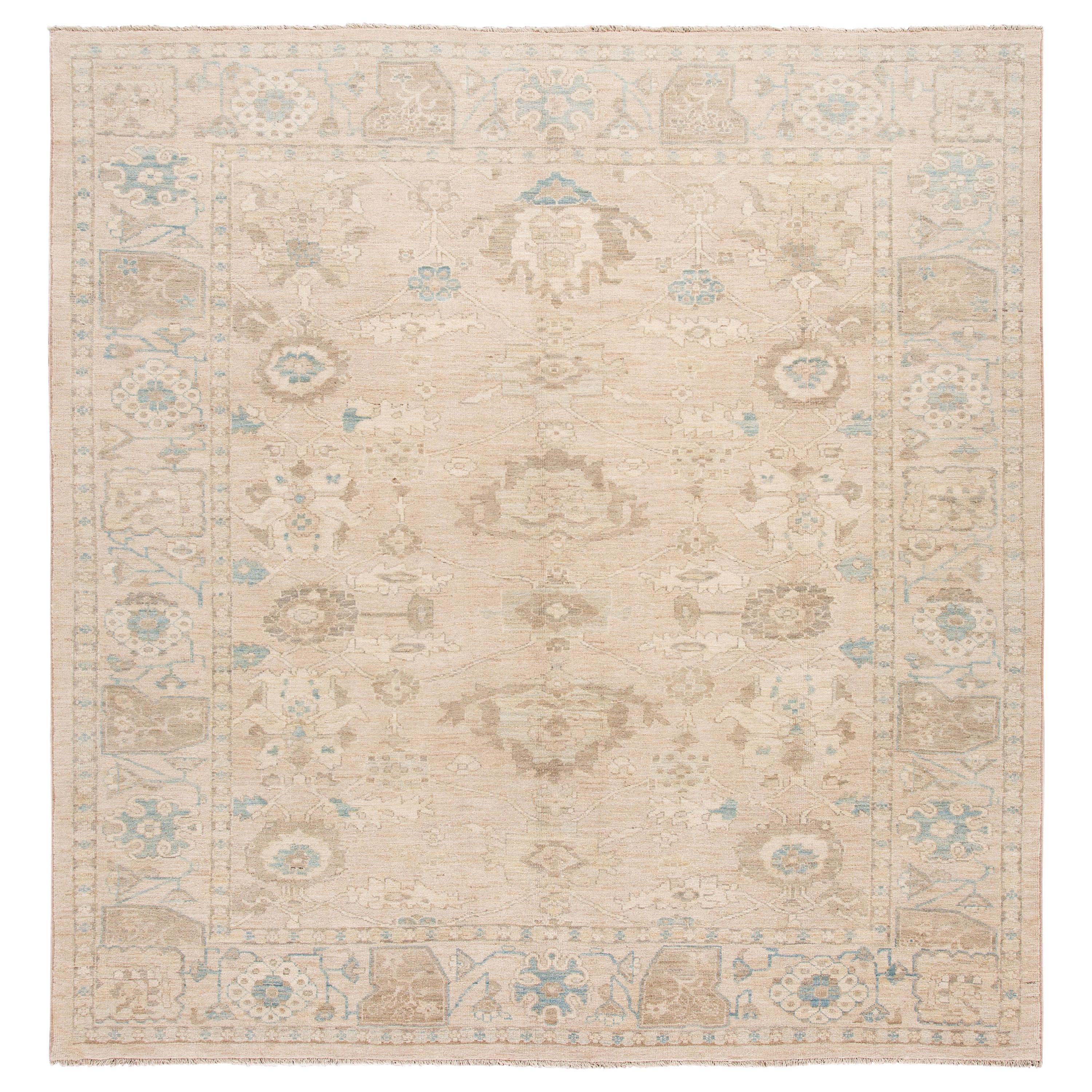 Beige Modern Sultanabad Wool Square Rug With Floral Design For Sale