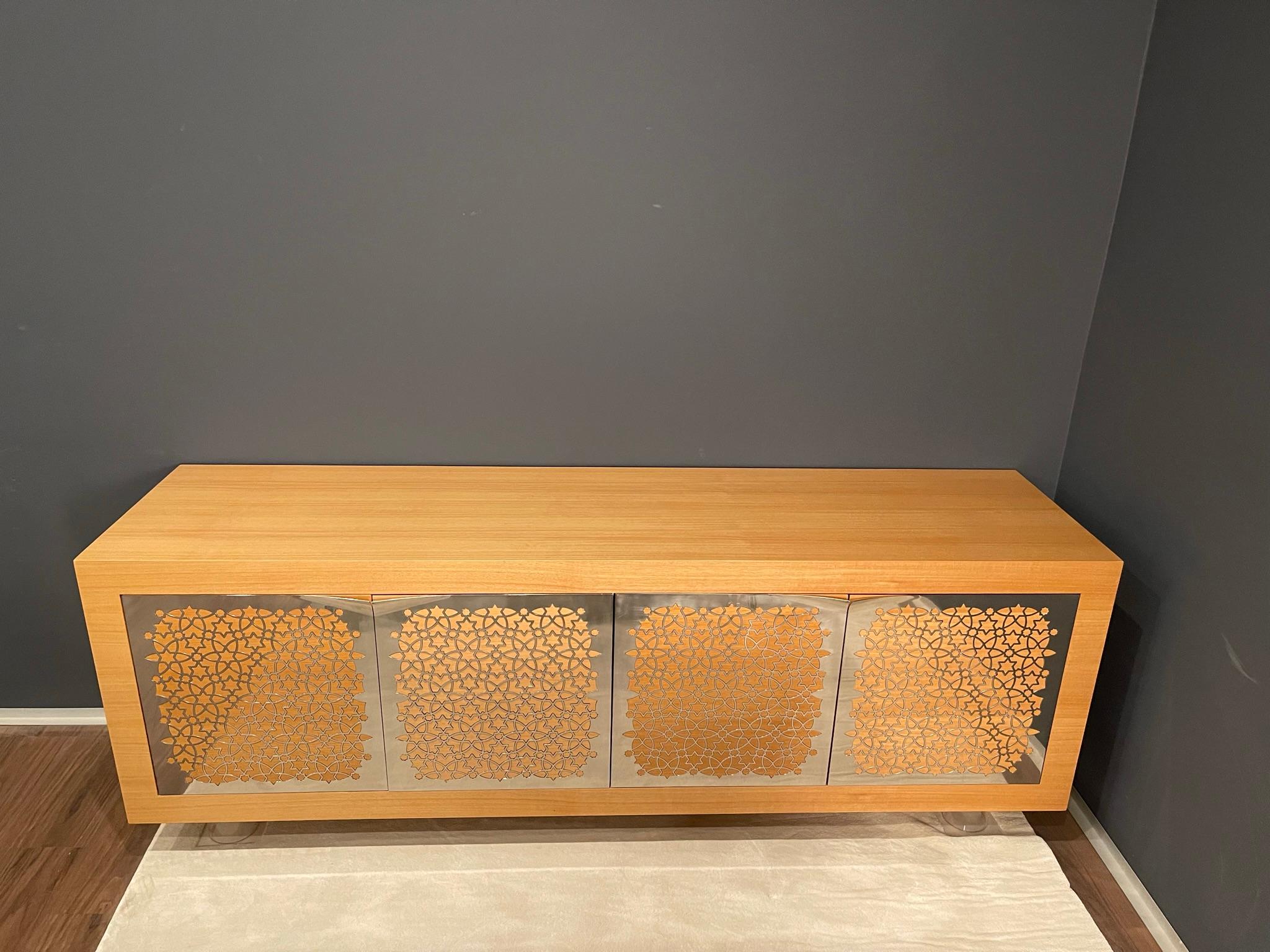 Portuguese Modern Suspended Credenza Sideboard in Oak Wood and Polished Stainless Steel For Sale
